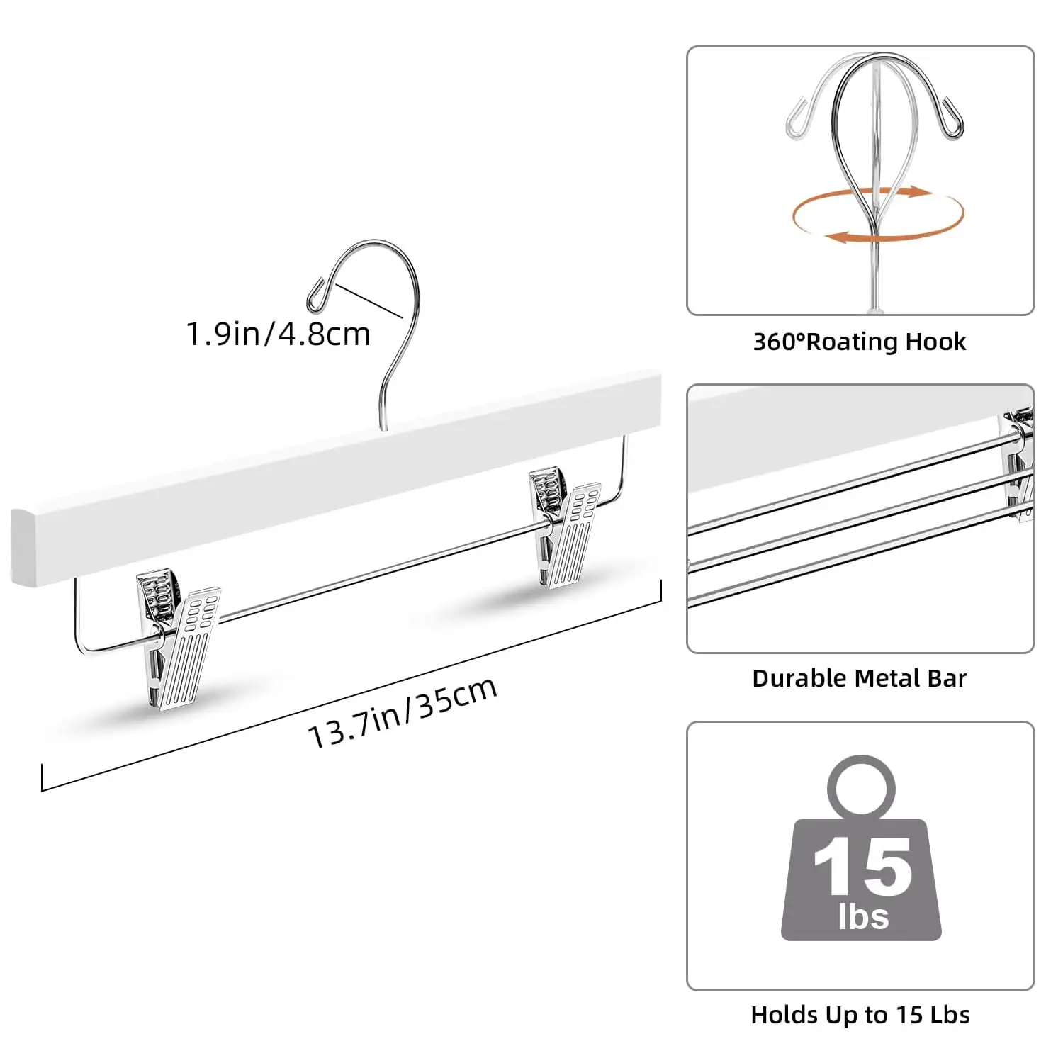 BAGAIL 10-pack wooden pants hangers with adjustable clips, 360° swivel hook, anti-rust for trousers, jeans, and shorts.