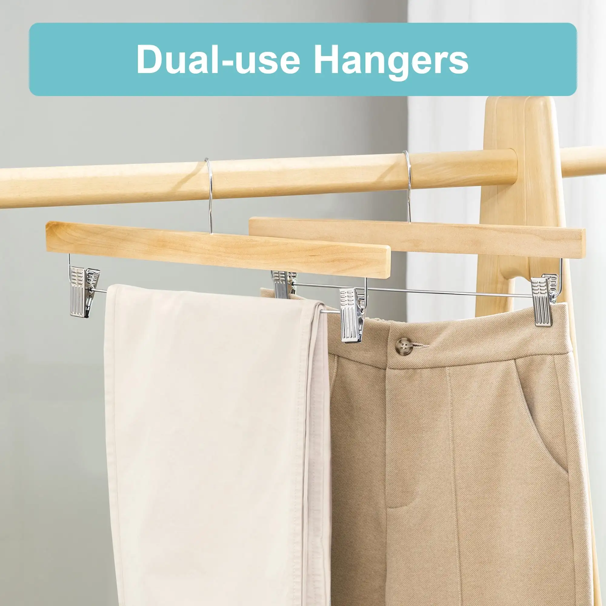 BAGAIL 10-pack wooden pants hangers with adjustable clips and 360° swivel hooks for trousers, jeans, and shorts.