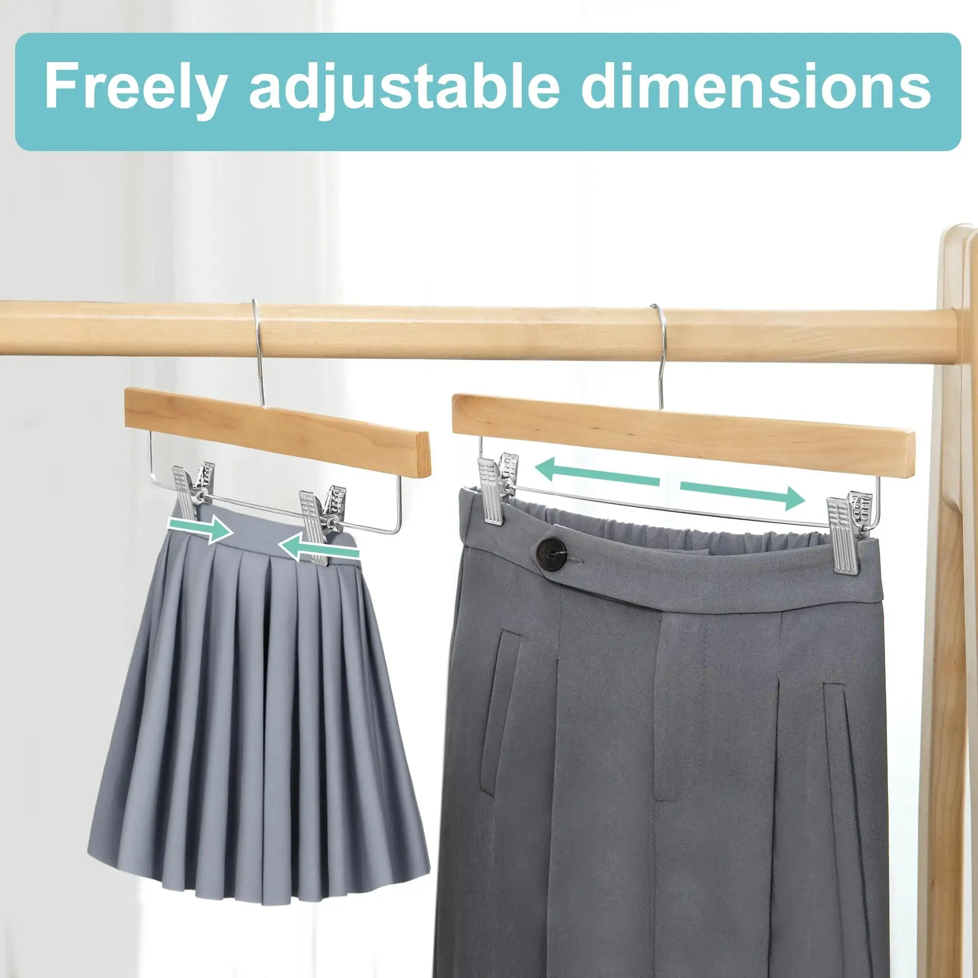 BAGAIL wooden pants hangers with adjustable clips and swivel hook, perfect for trousers, jeans, and shorts (10-pack, black).