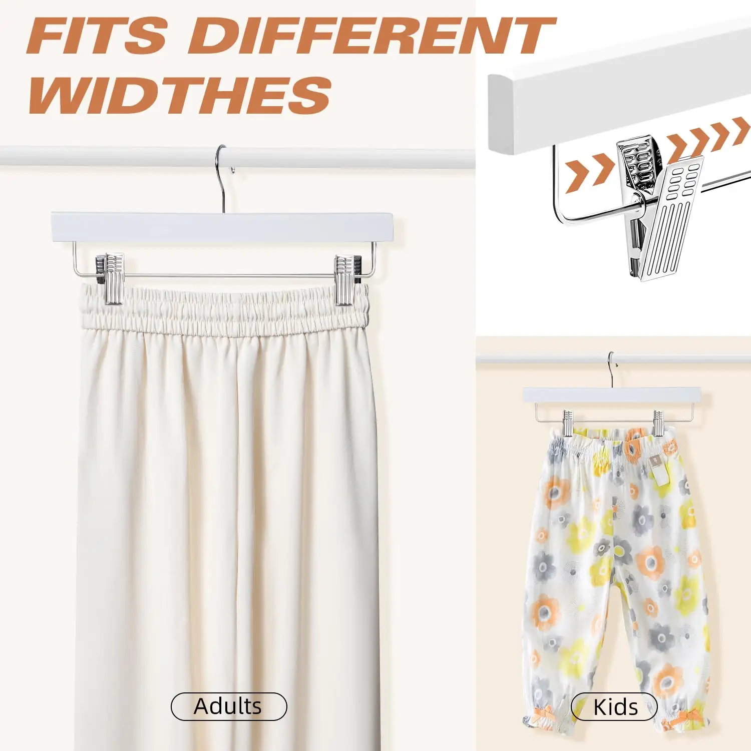 BAGAIL 10-pack black wooden pants hangers with adjustable clips and 360° swivel hook for trousers, jeans, and shorts.