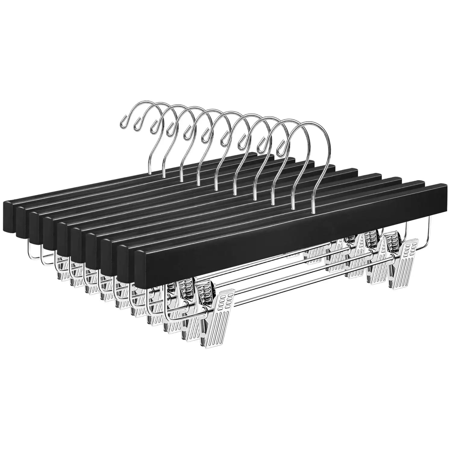 BAGAIL wooden pants hangers with adjustable clips, 360° swivel hook, black finish, 10-pack for trousers and skirts.
