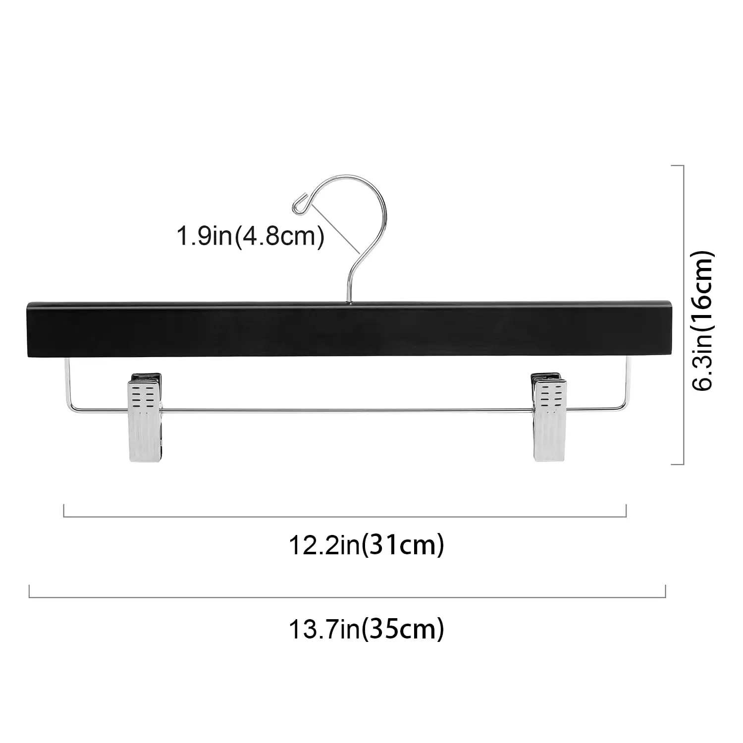 BAGAIL black wooden pants hangers, adjustable clips, 360° swivel hook, space-saving design, 10-pack for trousers and shorts.