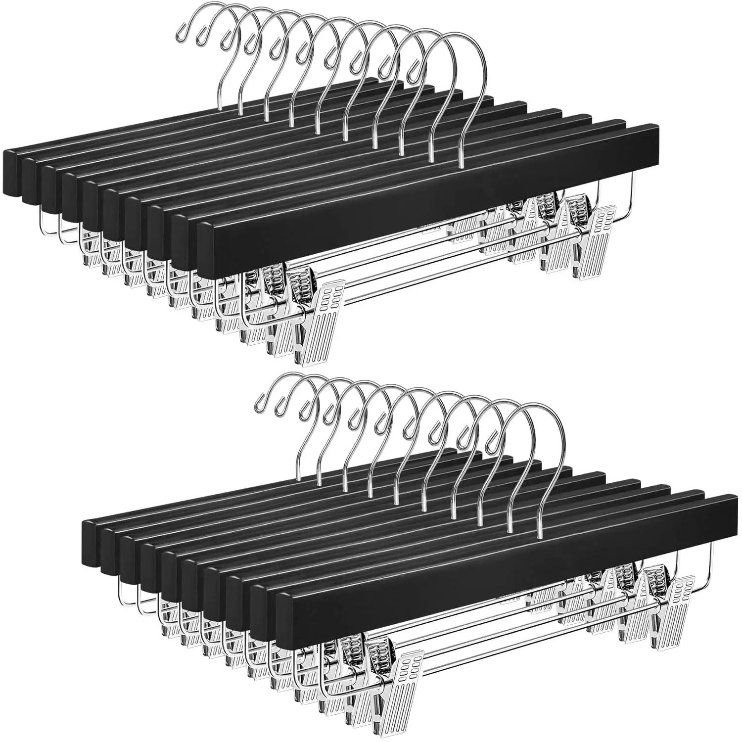 BAGAIL black wooden pants hangers with adjustable clips, 360° swivel hook, for trousers, jeans, and shorts (10-pack).