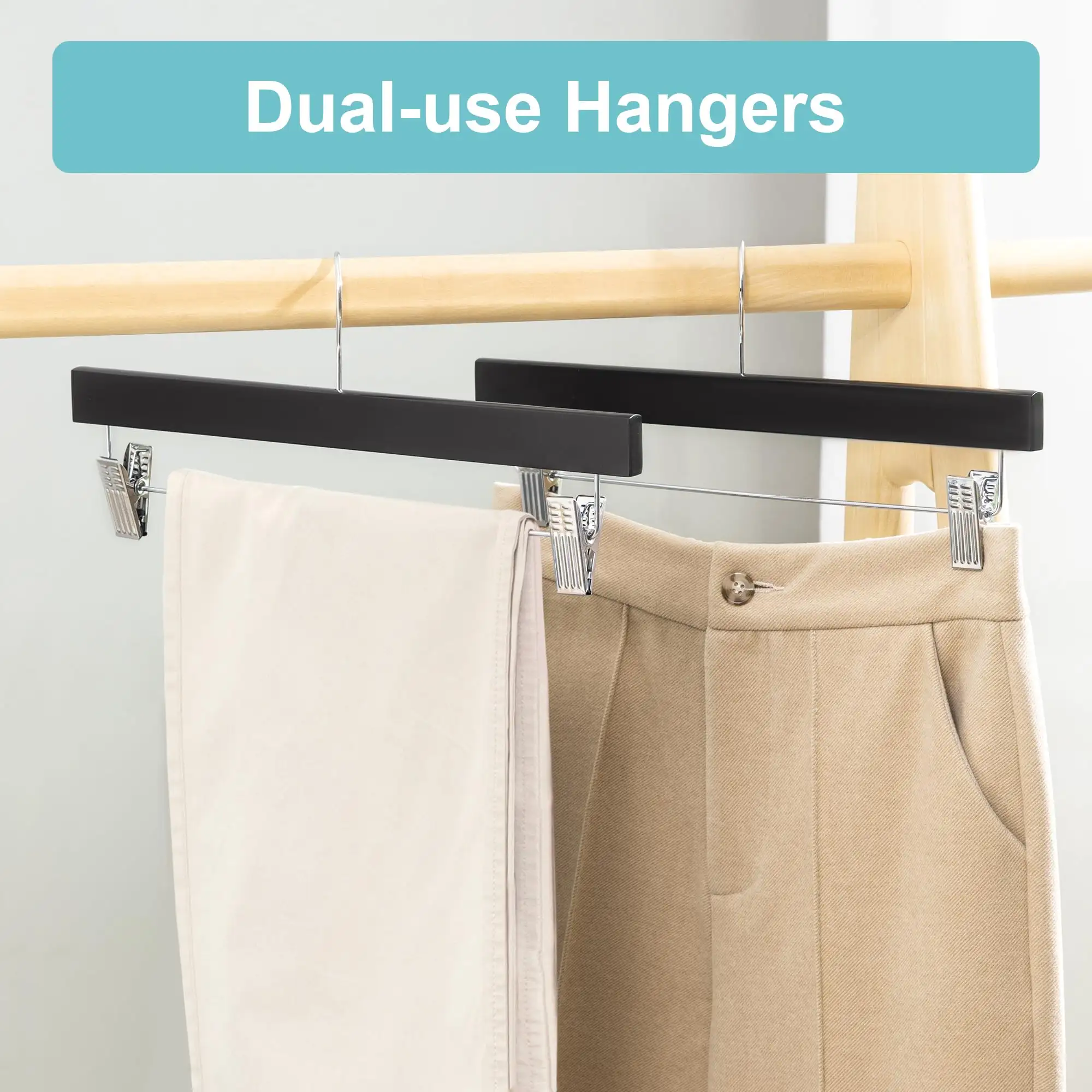 BAGAIL wooden pants hangers with adjustable clips and 360° swivel hooks, perfect for trousers, jeans, and shorts (10-pack...