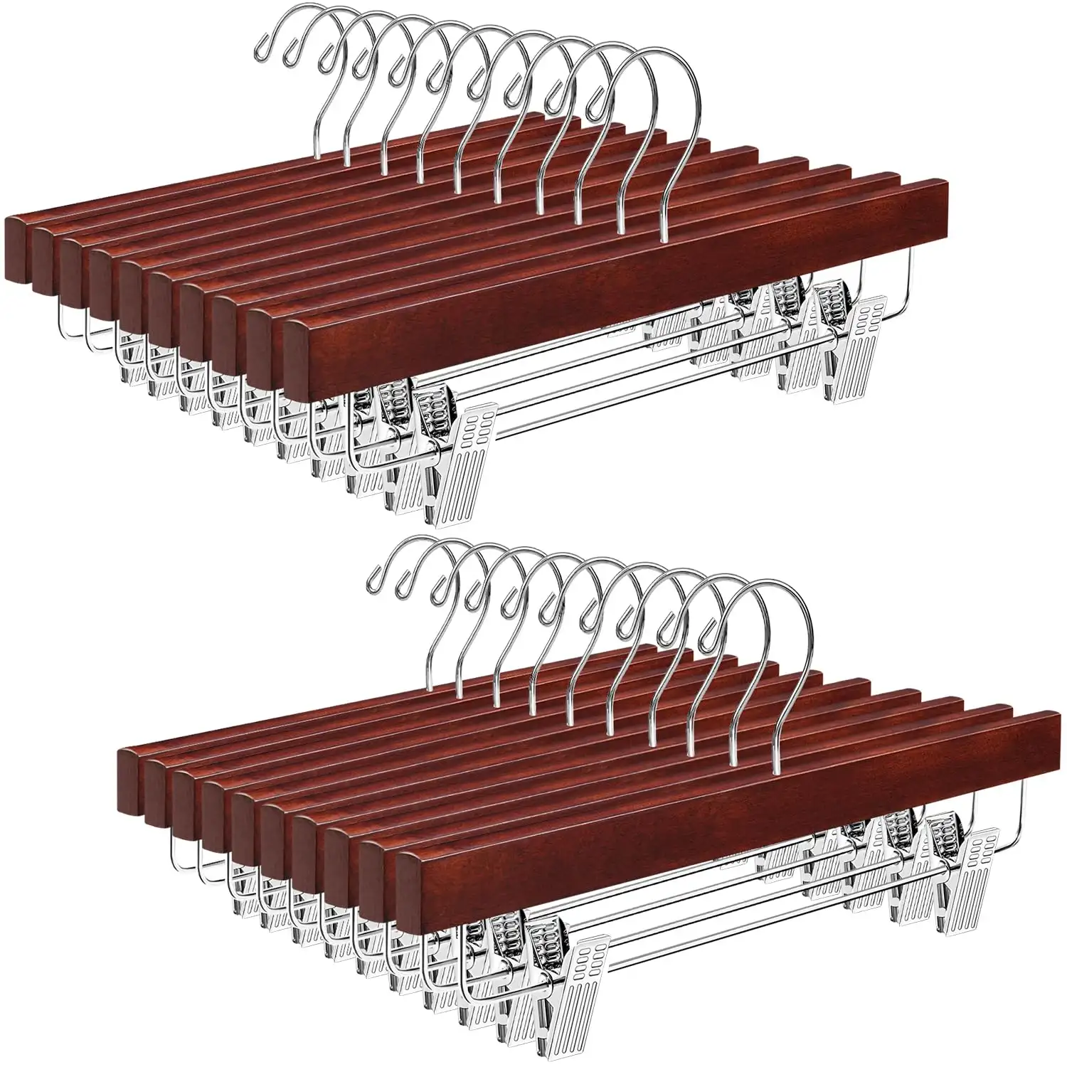 BAGAIL walnut wooden pants hangers with adjustable clips and 360° swivel hooks, perfect for skirts, trousers, and shorts ...