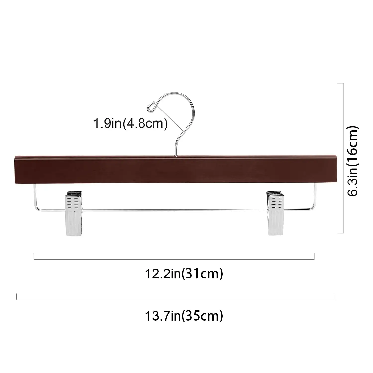 BAGAIL wooden pants hangers with adjustable clips, 360° swivel hook, black 10-pack for skirts, trousers, jeans, and shorts.