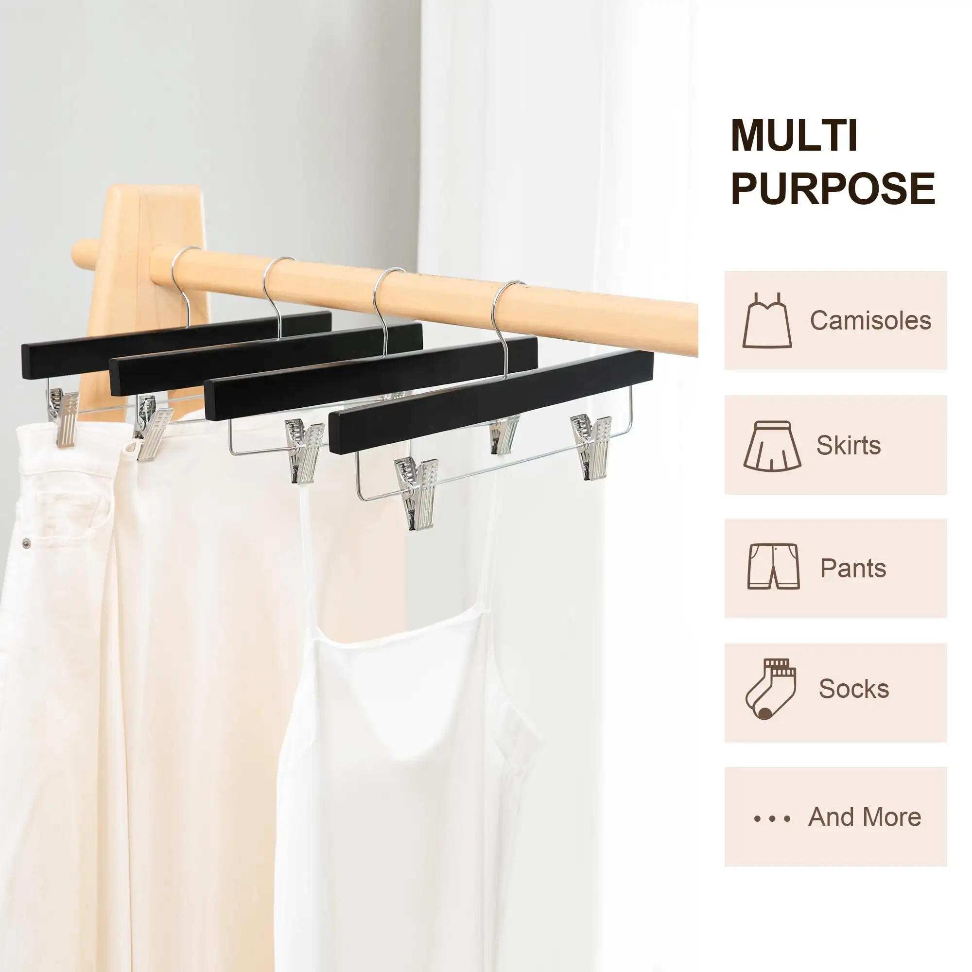 BAGAIL black wooden pants hangers with adjustable clips and 360° swivel hook for trousers, jeans, and shorts (10-pack)