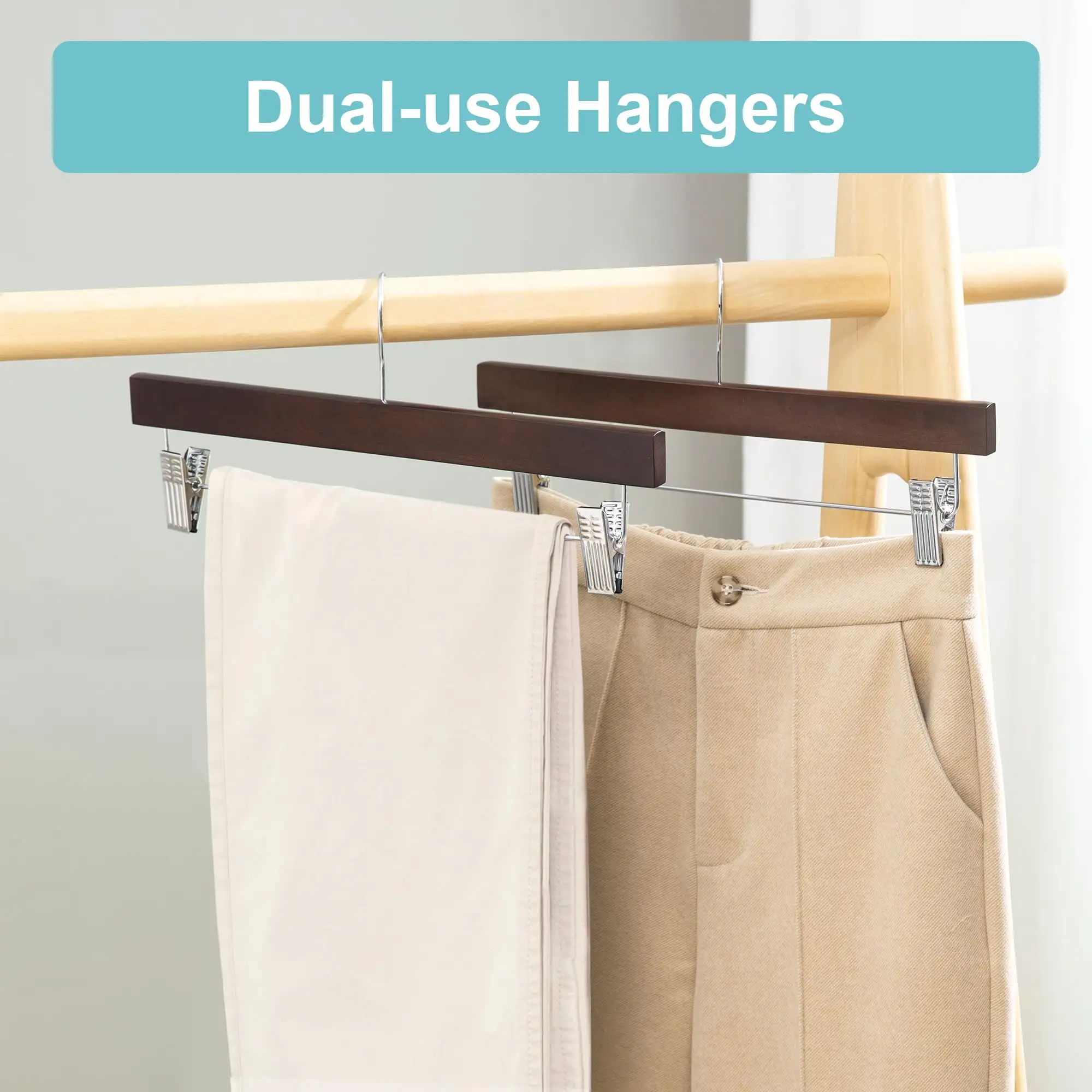 BAGAIL wooden pants hangers with adjustable clips and 360° swivel hook, perfect for trousers, jeans, and skirts (10 pack).