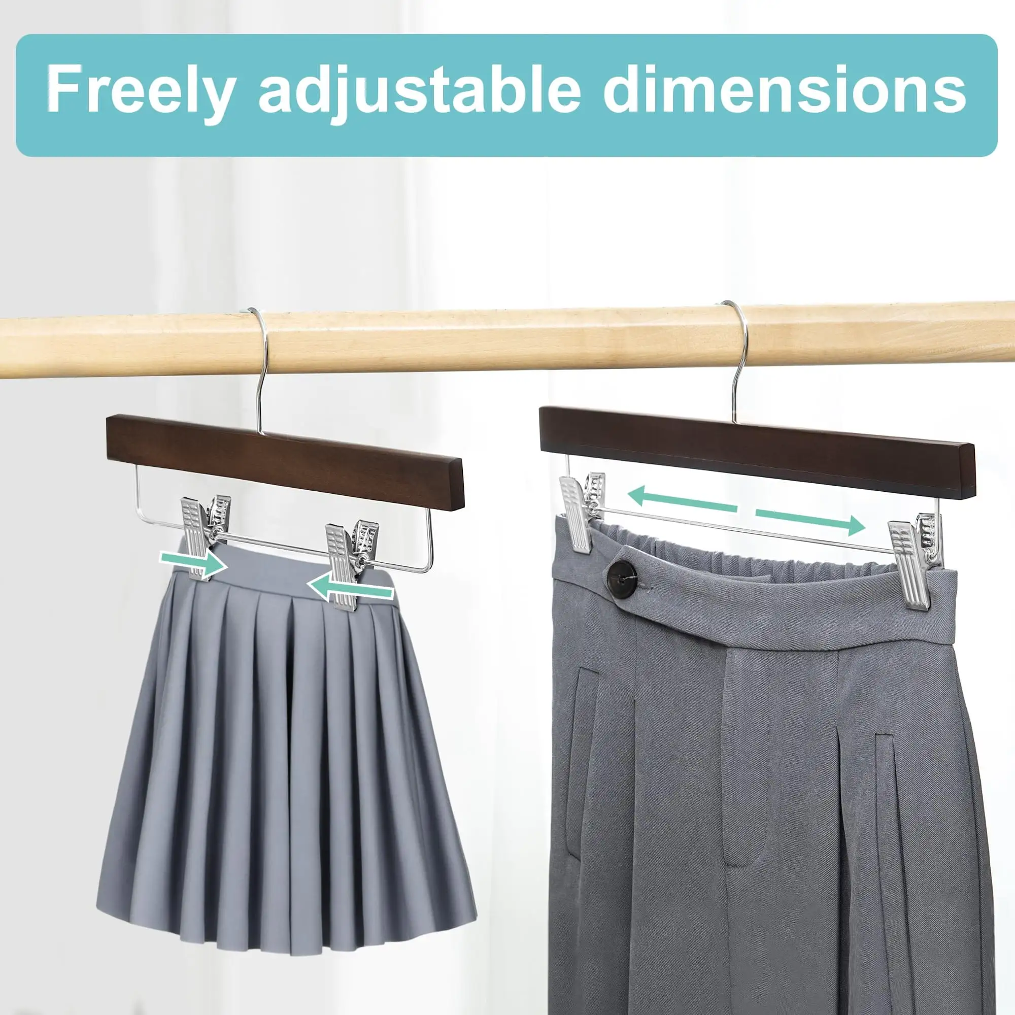 BAGAIL 10-Pack black wooden pants hangers with adjustable clips and 360° swivel hooks, ideal for trousers and skirts.