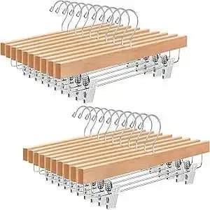 BAGAIL wooden pants hangers with adjustable clips and 360° swivel hook, perfect for trousers, jeans, and shorts (10-pack).