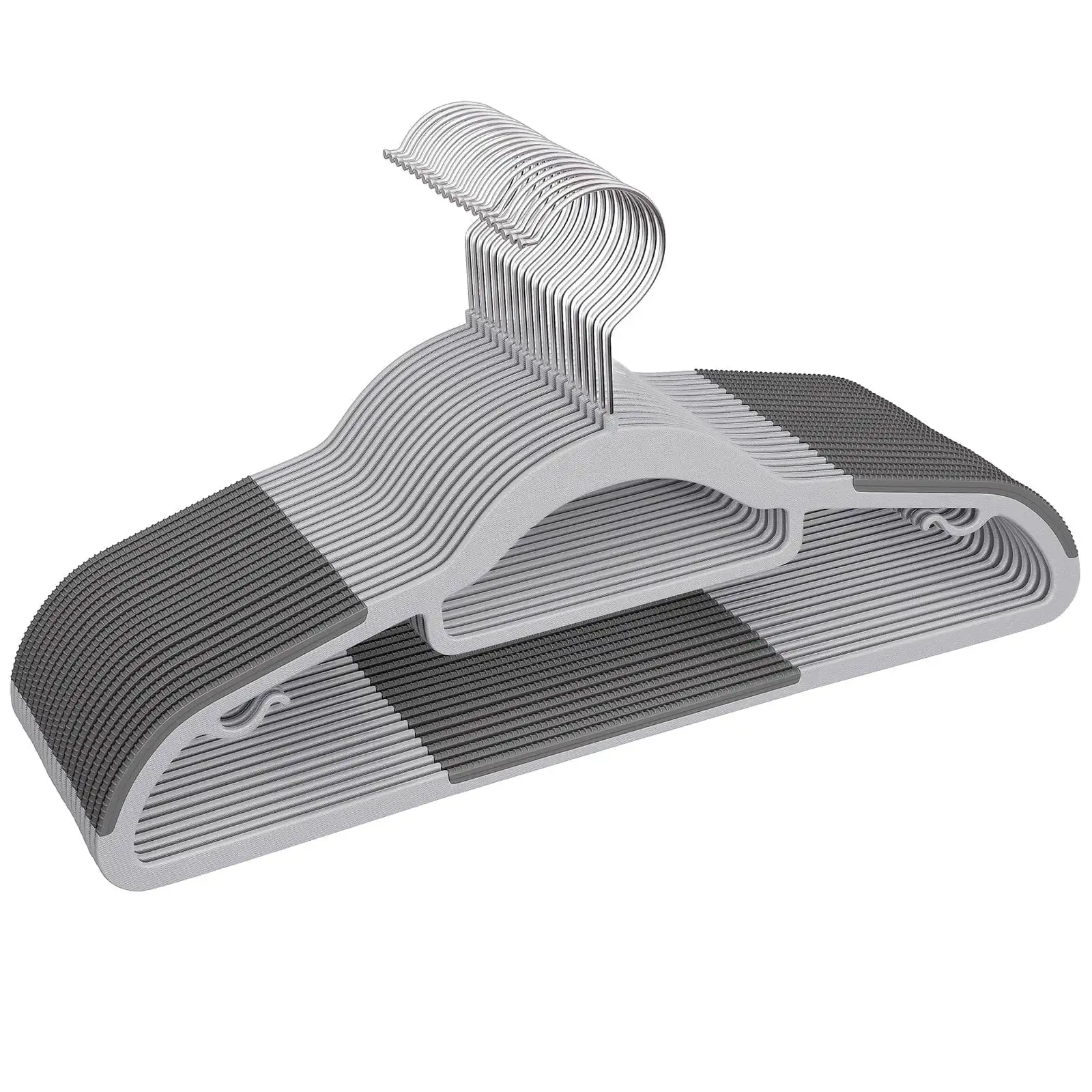 Beige heavy-duty plastic hangers, 50 pack, non-slip design, 360° swivel hook, ideal for shirts, pants, and coats.