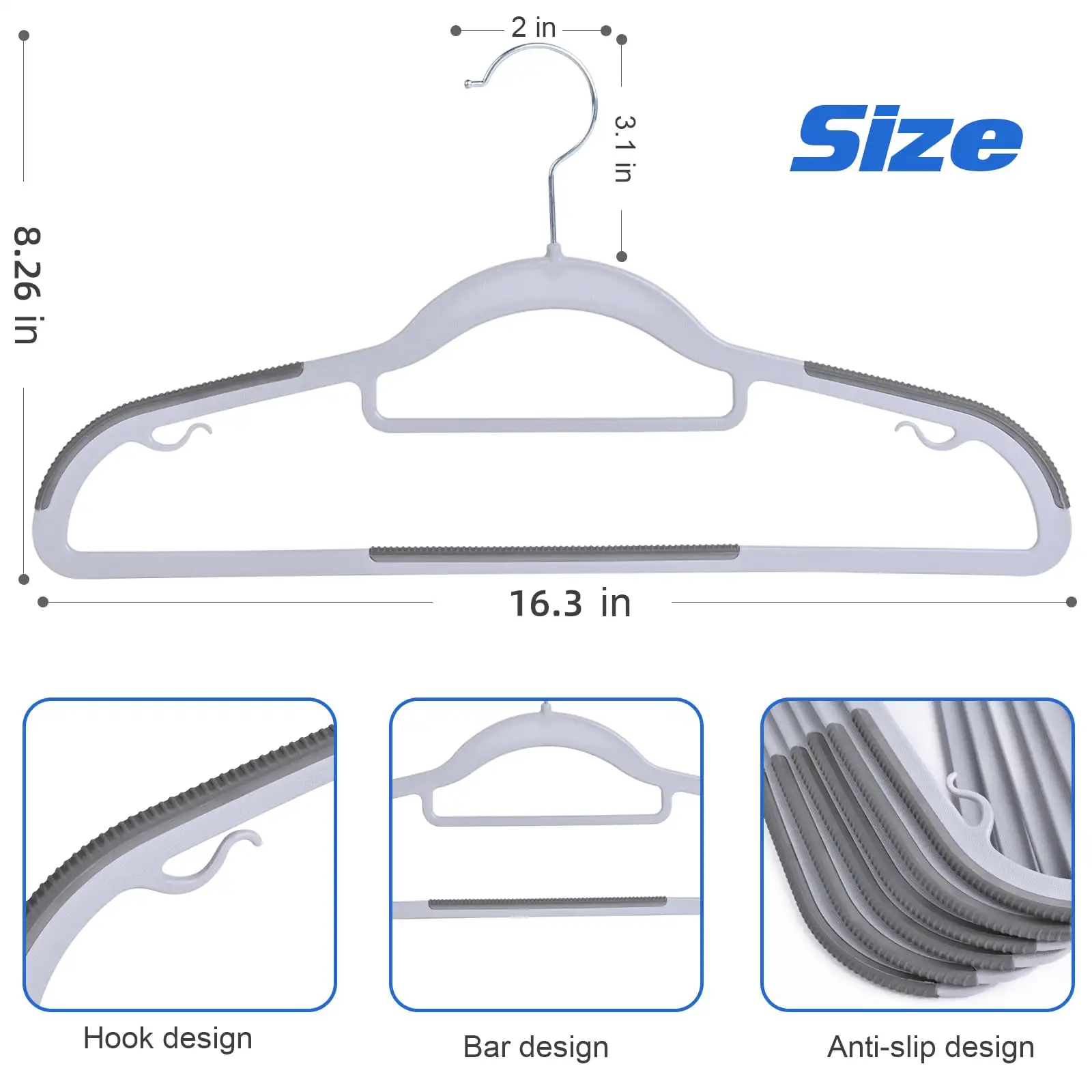 Beige heavy-duty plastic hangers, 50 pack with non-slip design and 360° swivel hook for closet organization.