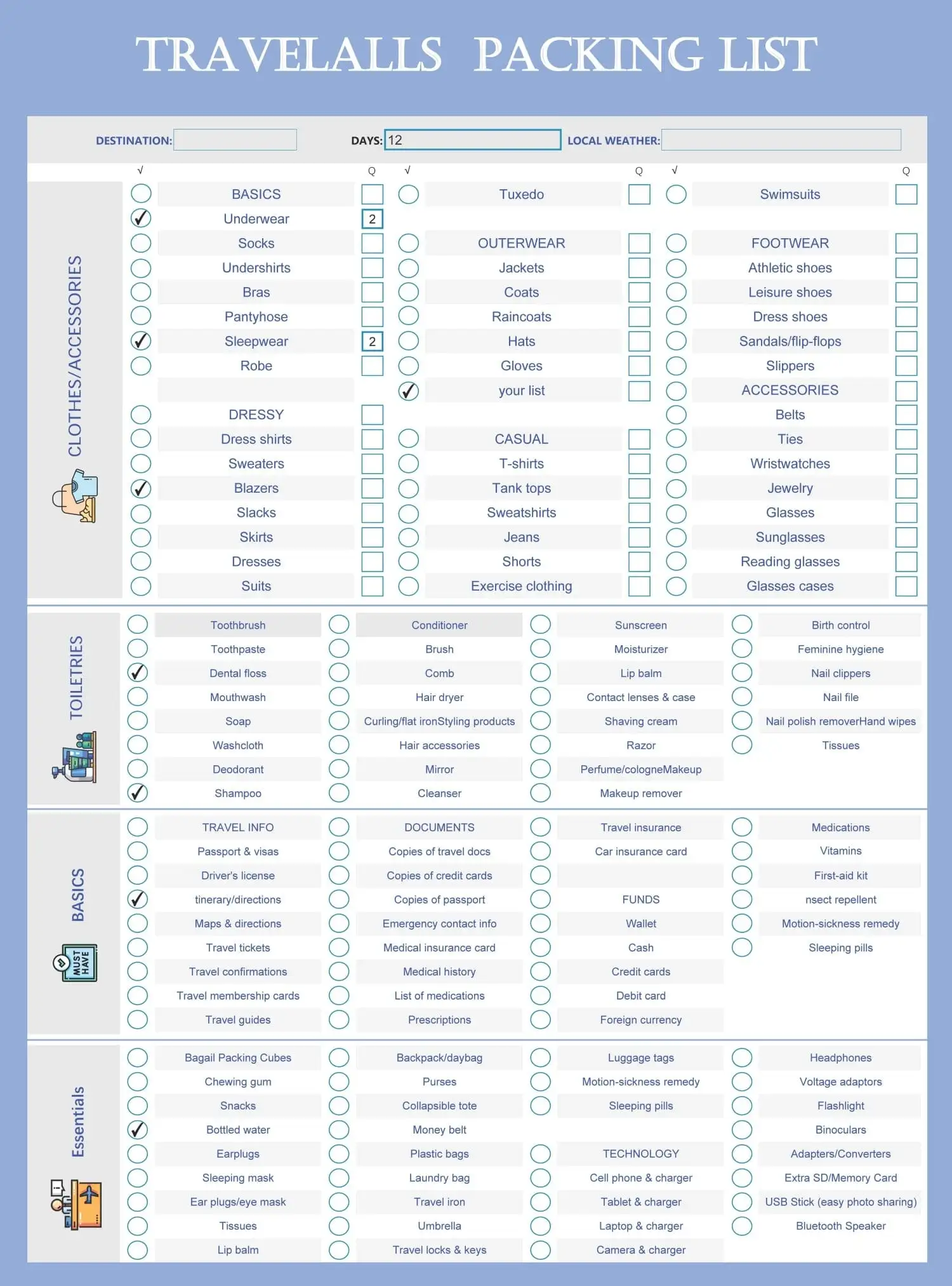 Editable travel packing list template PDF for family vacations, cruises, and trips in A4, A5, and US letter sizes.