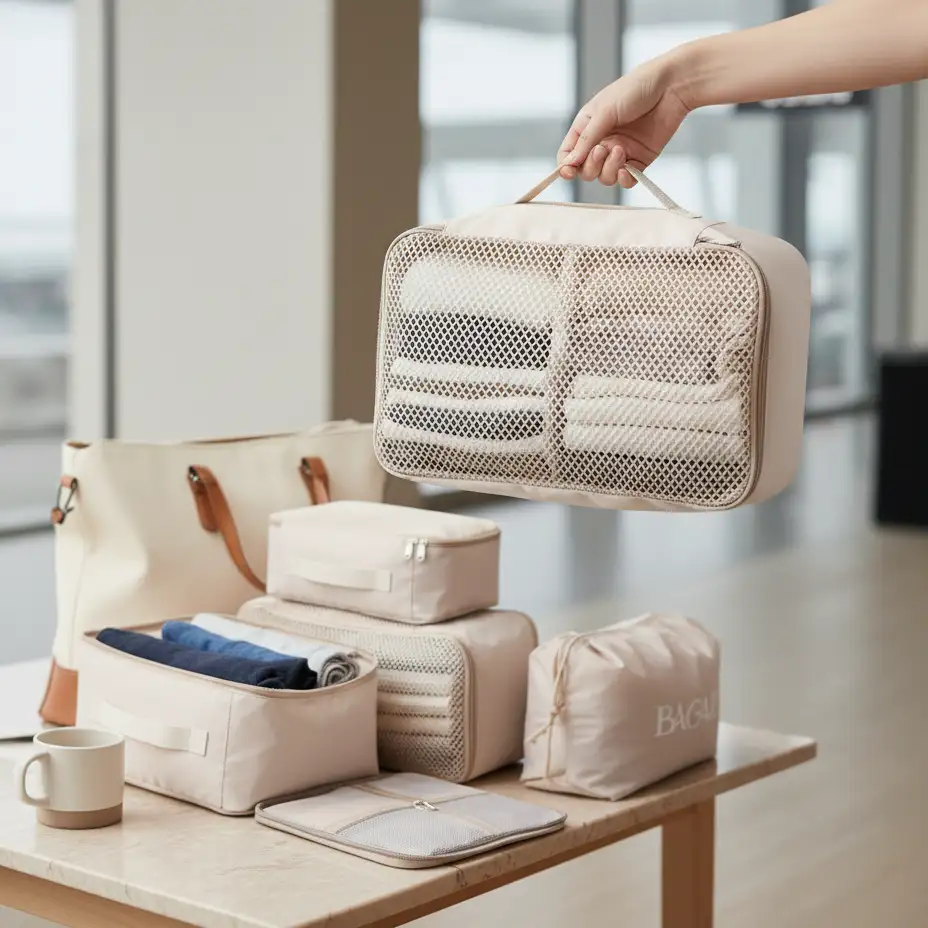 6-set packing cubes for carry-on, mesh travel organizers with clear design for efficient luggage organization.