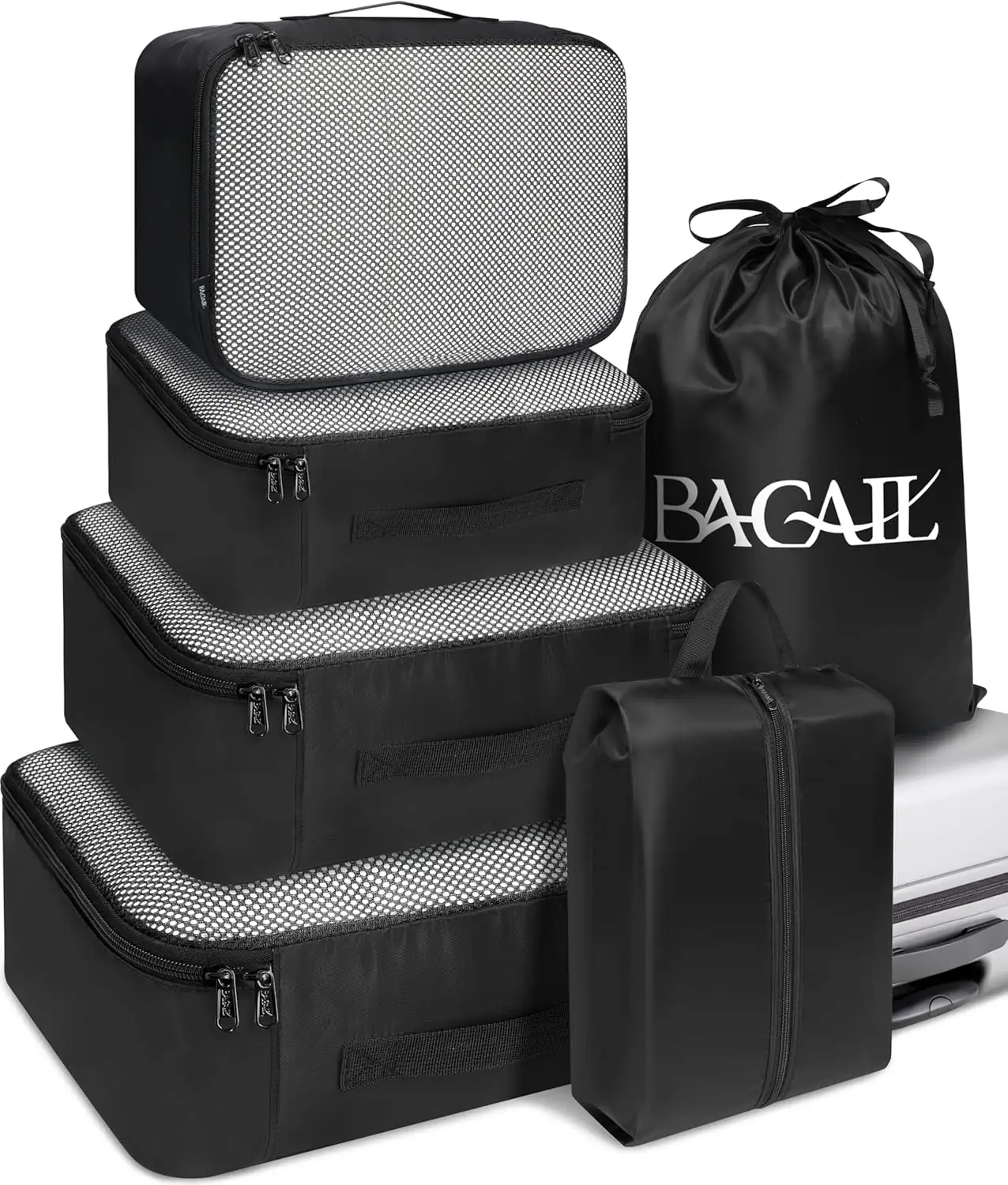6-set packing cubes with mesh design for efficient luggage organization and clear visibility, perfect for carry-on travel.