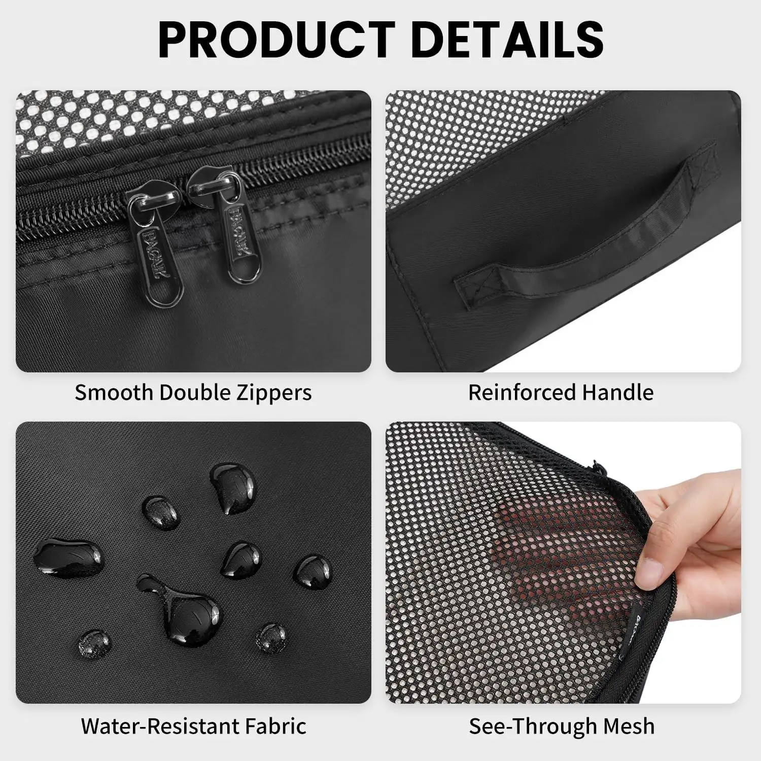 6-piece packing cubes set with mesh design for efficient carry-on luggage organization and travel accessory storage.