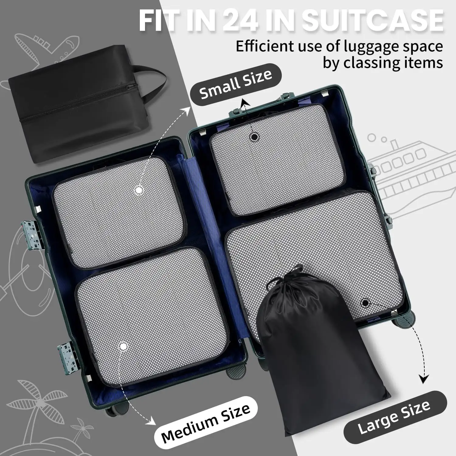6-set packing cubes with mesh design for efficient carry-on luggage organization and travel accessories.