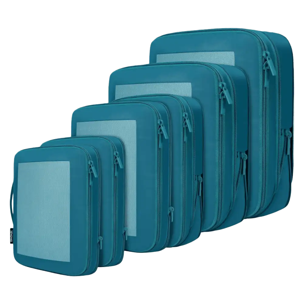 6 square mesh compression packing cubes for organized travel, maximizing space and minimizing wrinkles.