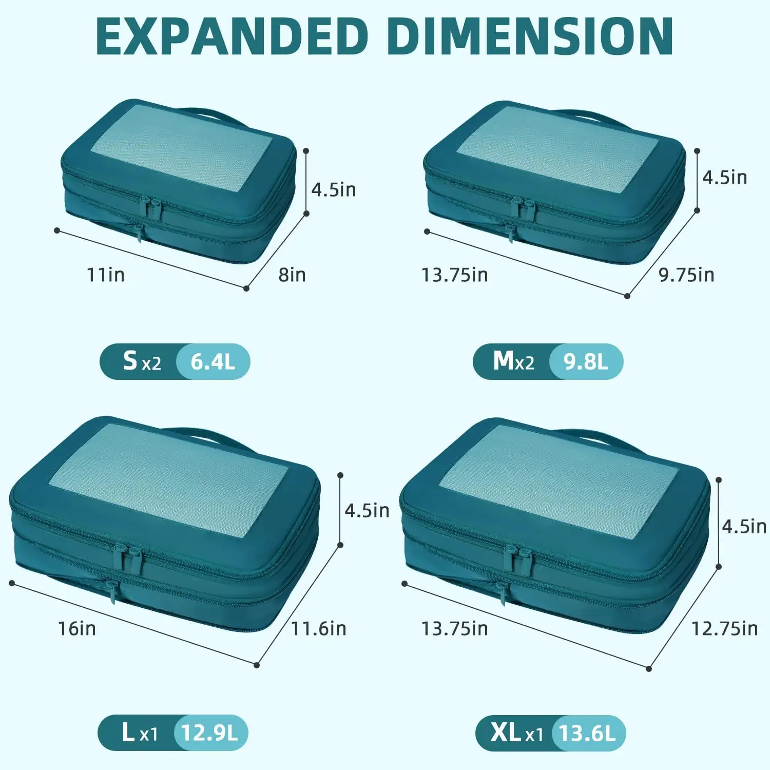 6 Set Square Mesh Compression Packing Cubes for Travel, Expandable Organizers for Efficient Luggage Packing