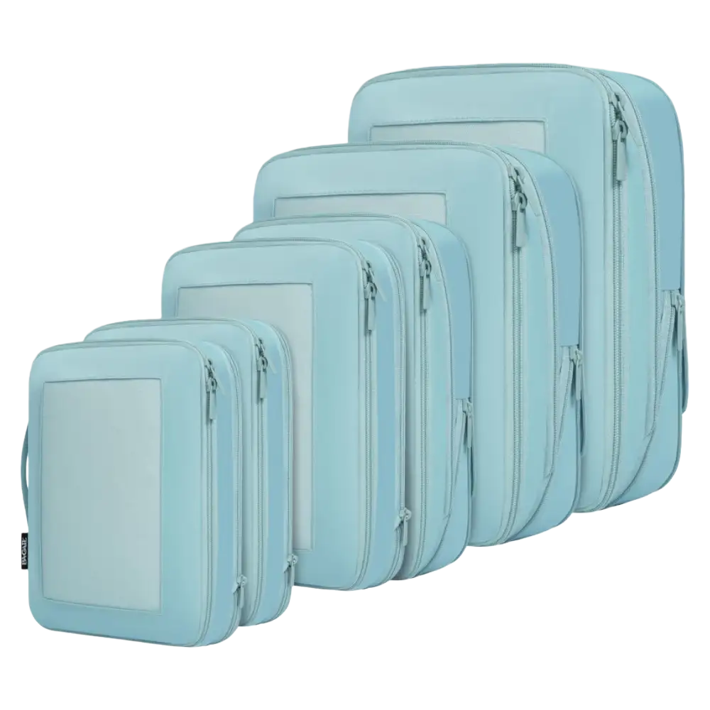 6 square mesh compression packing cubes in assorted sizes for efficient travel organization and space-saving storage.