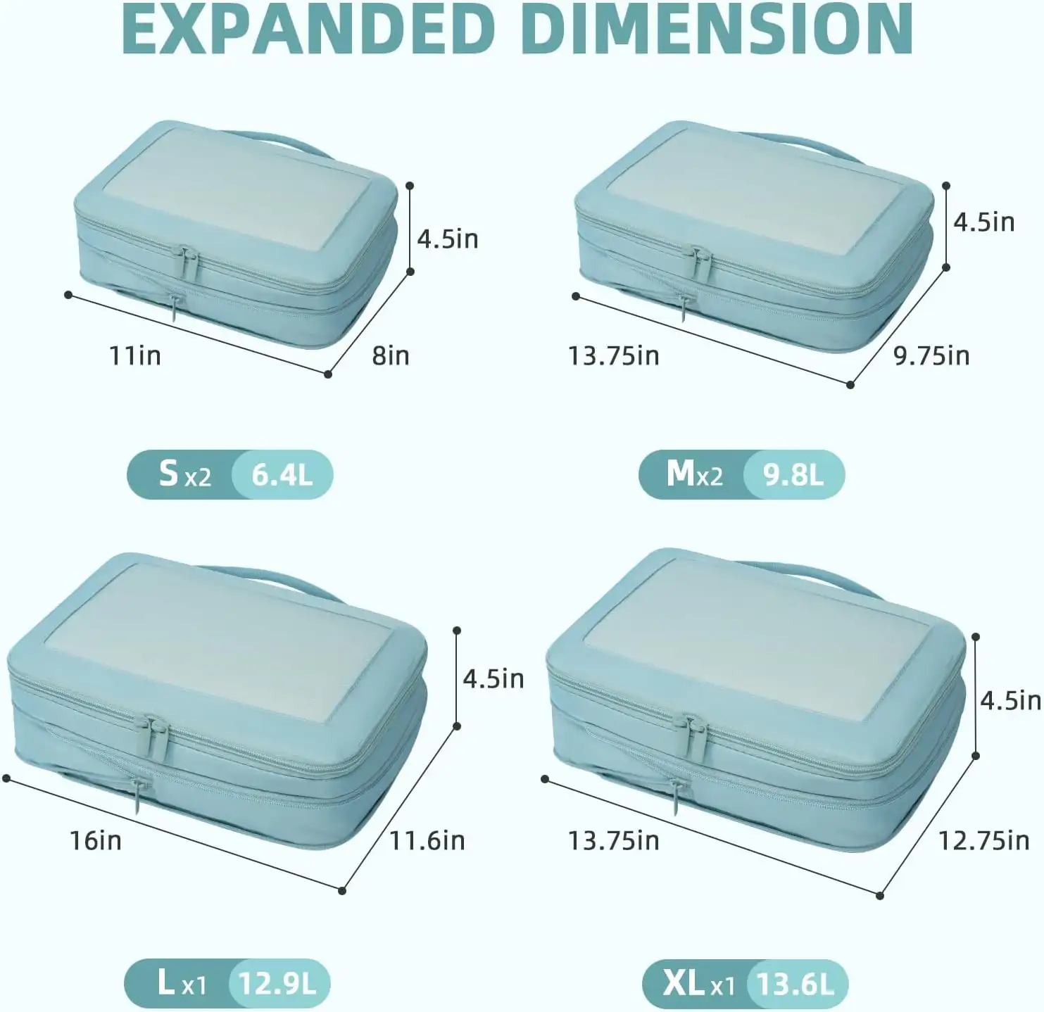 6 Set Square Mesh Compression Packing Cubes for travel, expandable organizers for efficient luggage packing.