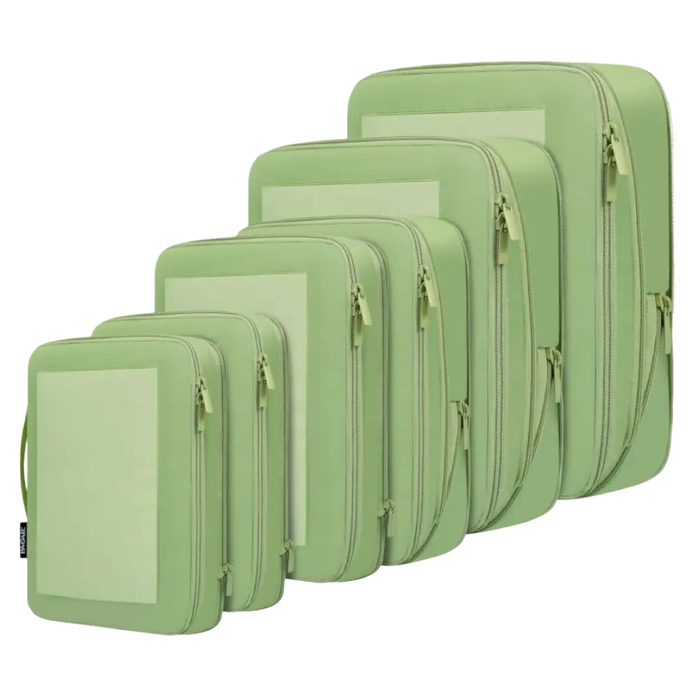 Square mesh compression packing cubes set, 6 durable organizers for travel, maximizing luggage space and keeping items tidy.