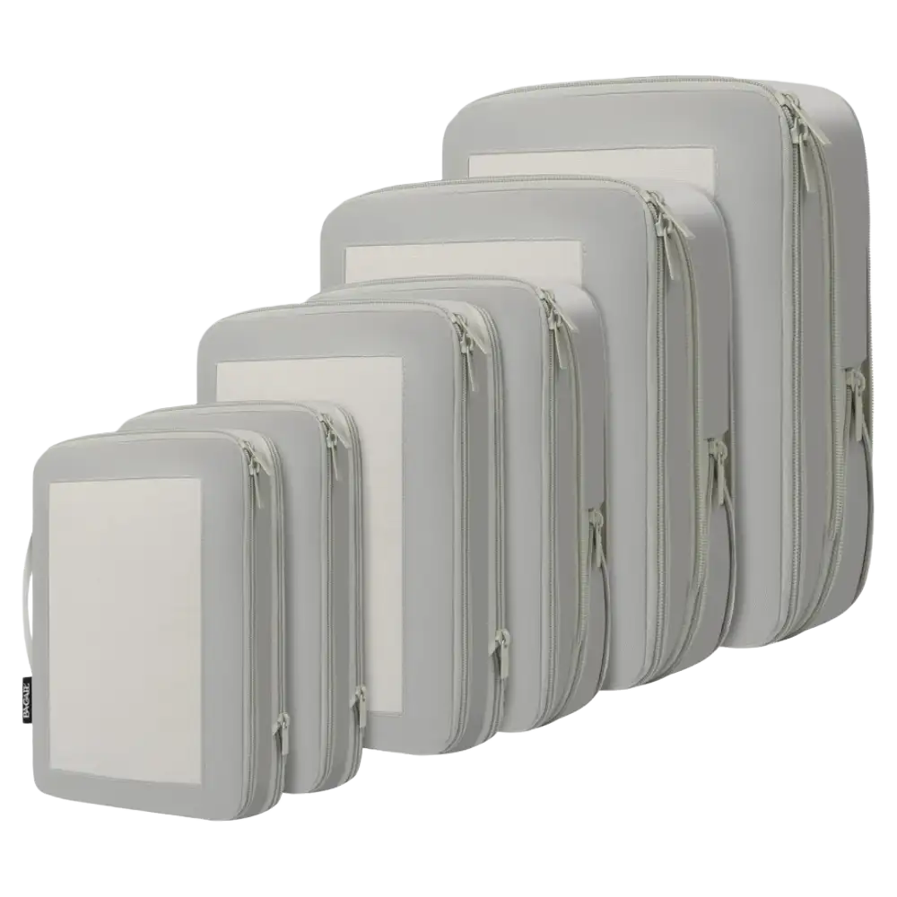 6 square mesh compression packing cubes for travel, featuring durable fabric and space-saving design in assorted colors.