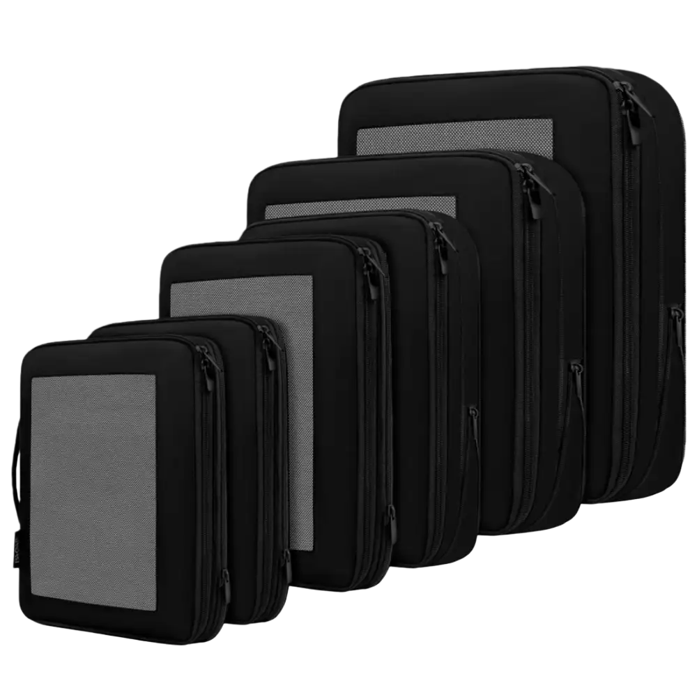 6 square mesh compression packing cubes for efficient travel organization and space-saving storage.