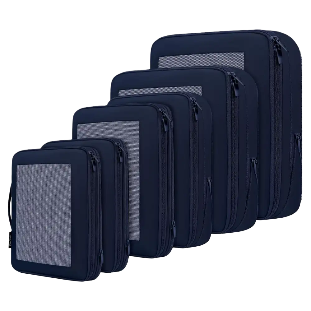 Mesh compression packing cubes set of 6, perfect for travel organization, maximizing suitcase space, and reducing wrinkles.