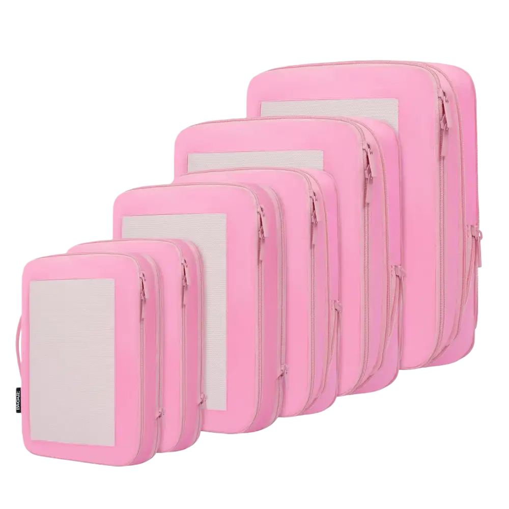 Square mesh compression packing cubes set of 6 for efficient travel organization and space-saving packing solutions.