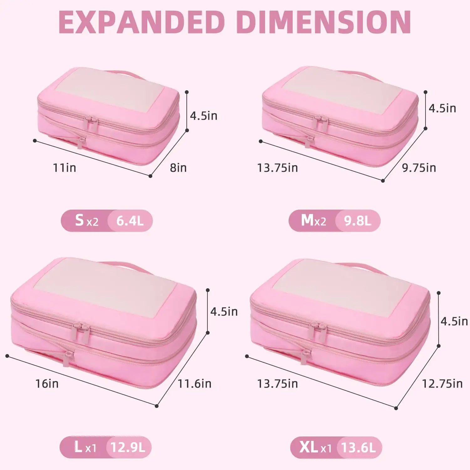 6 Set Square Mesh Compression Packing Cubes for travel, expandable organizers for efficient luggage packing.