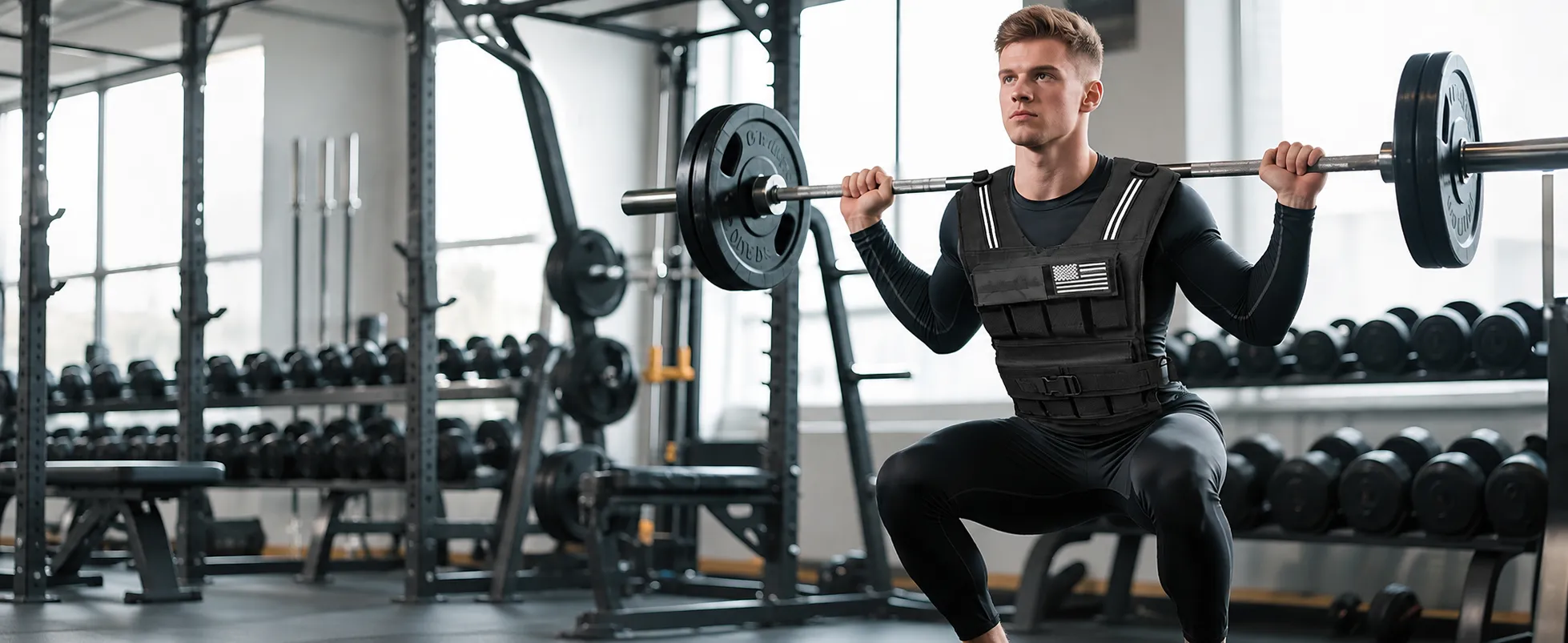 Athlete wearing the BAGAIL adjustable weighted vest while performing a barbell back squat in a gym &mdash; text-free scene