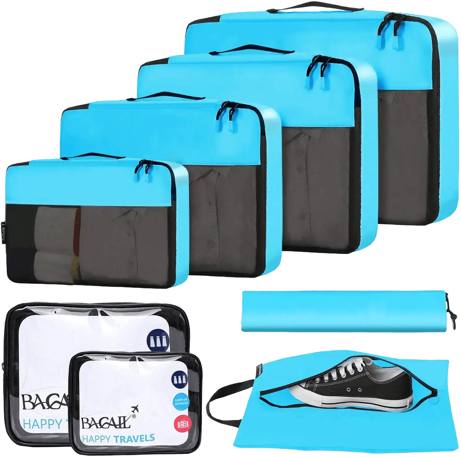 8 packing cubes set with clear bags and a shoe bag for organized luggage travel. Ideal for efficient packing and storage.