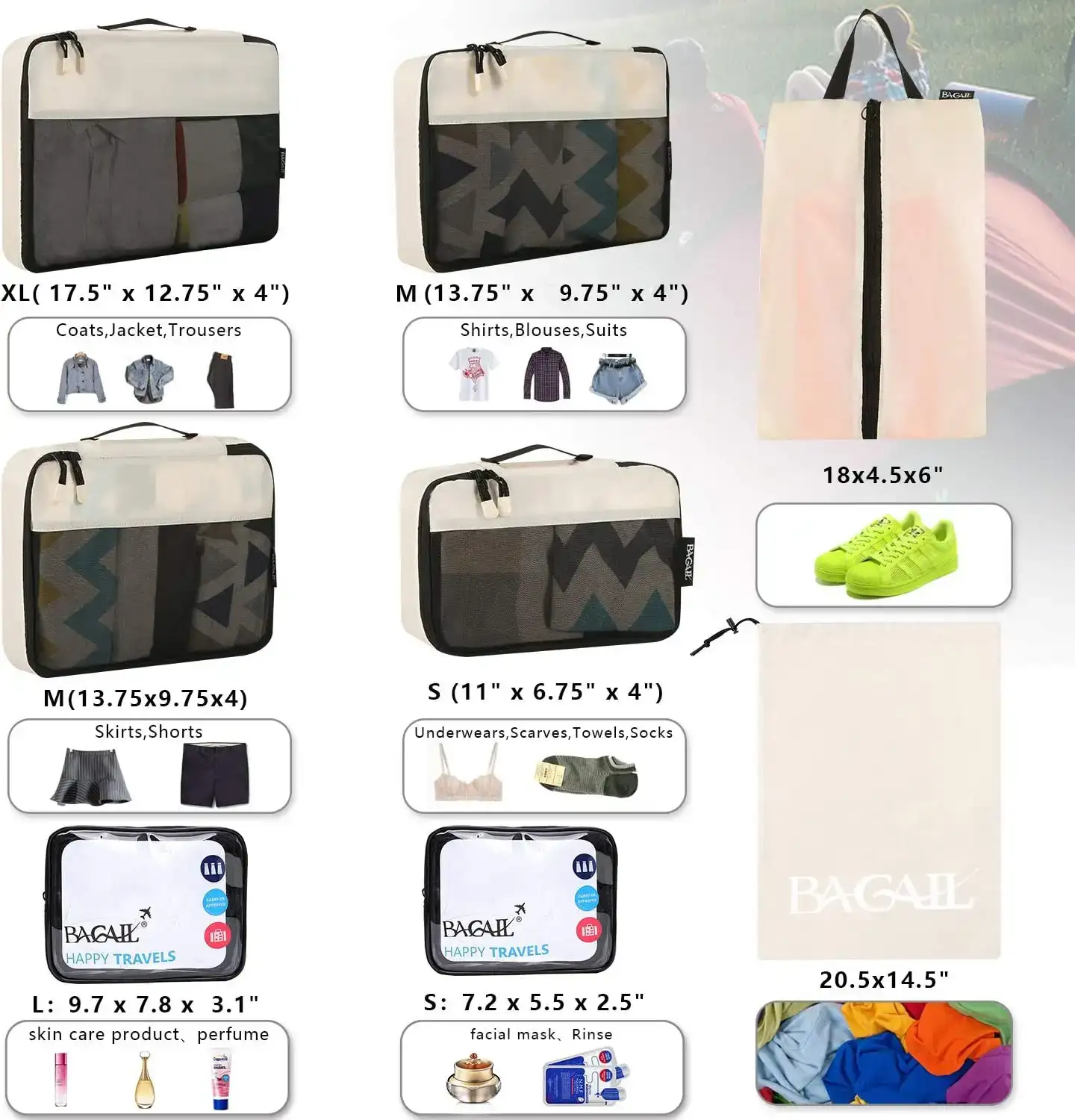 8 packing cubes set for luggage organization, includes clear bags and shoe bag for efficient travel packing.