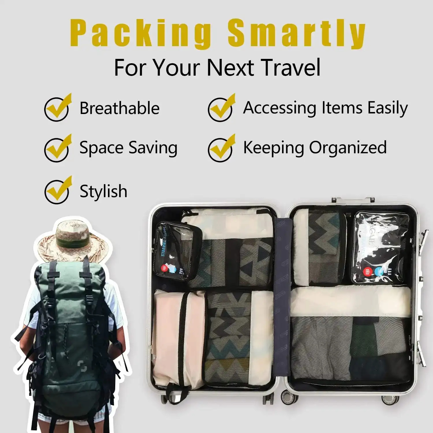 8 packing cubes set with clear bags and shoe bag for organized luggage travel, durable and lightweight design.