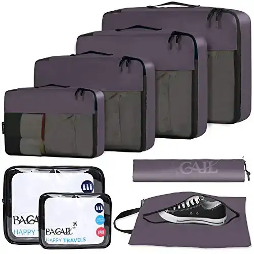 8 packing cubes set for luggage organization, includes clear bags and shoe bag for efficient travel packing.
