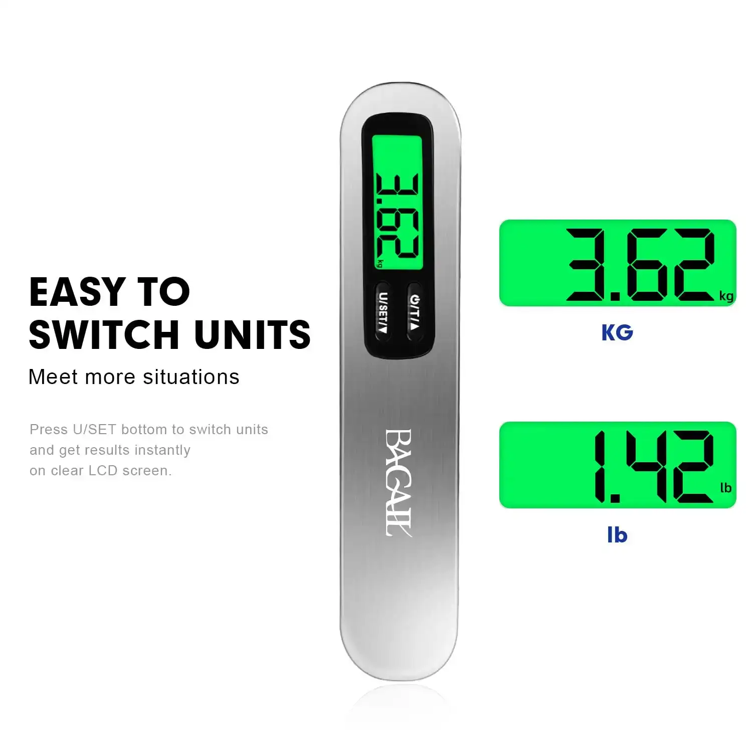 Digital metal luggage scale with backlit LCD display, lightweight design, and accurate weight measurement for travel.