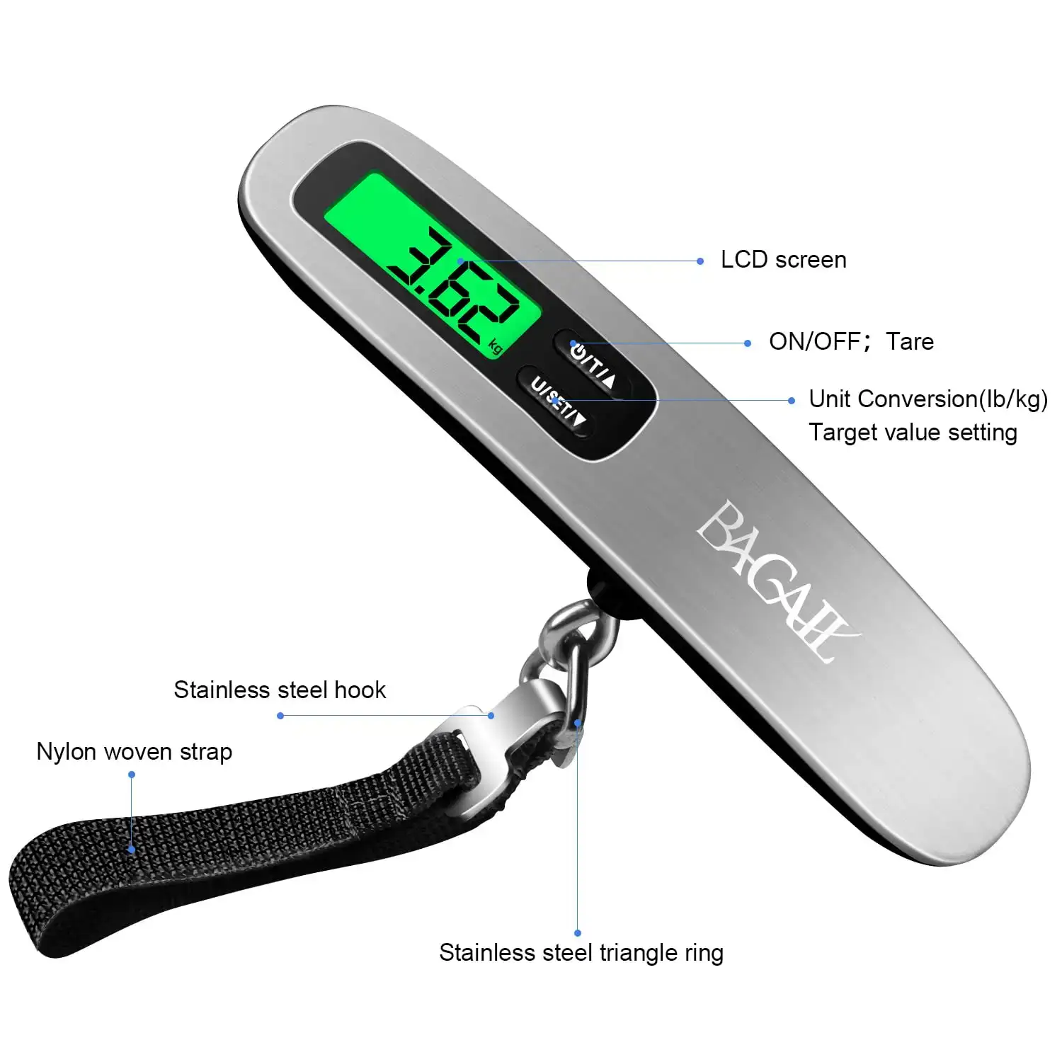 Digital metal luggage scale with easy-to-read LCD display, precision weighing for travel convenience and accuracy.