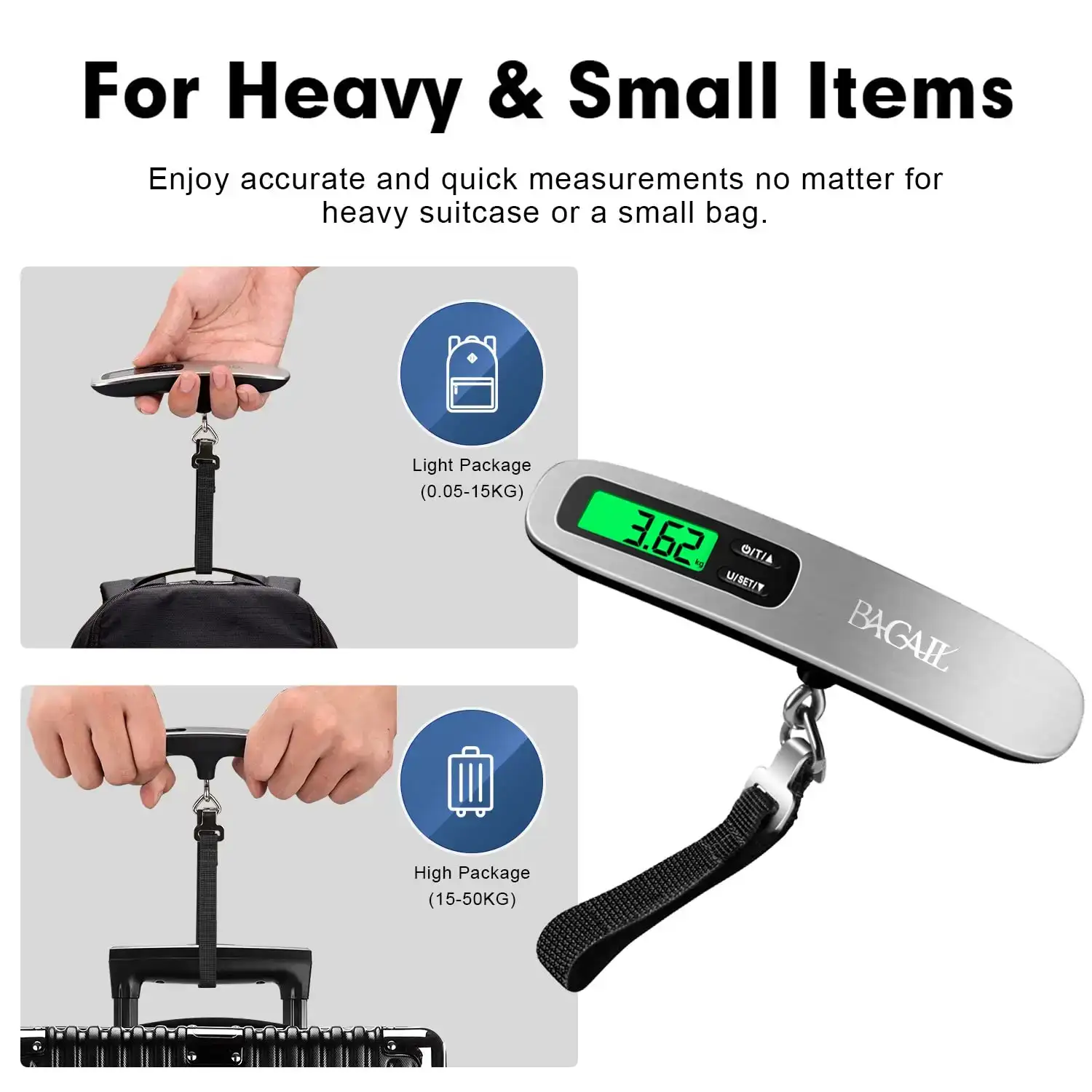 Digital metal luggage scale with backlit LCD display and maximum capacity of 110 lbs for travel convenience.