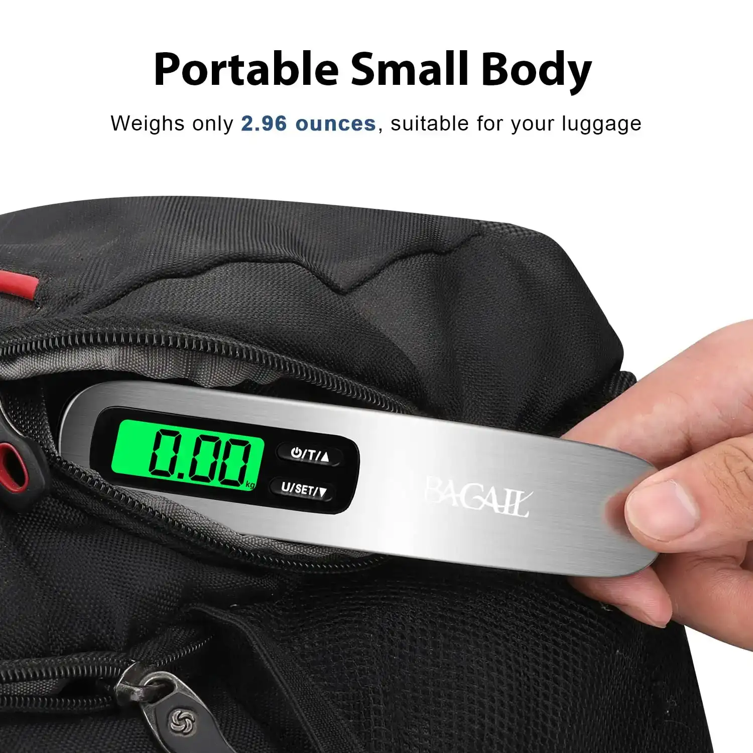Digital metal luggage scale with LCD display, lightweight design, and easy-to-read weight measurement for travel convenience.