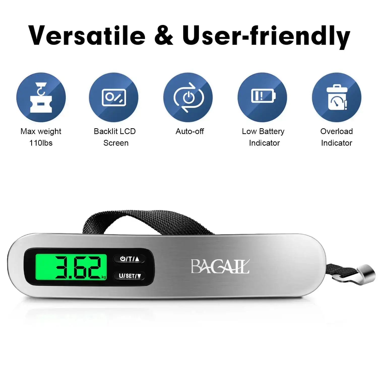 Digital metal luggage scale with LCD display, weighs up to 110 lbs, compact design for travel convenience.