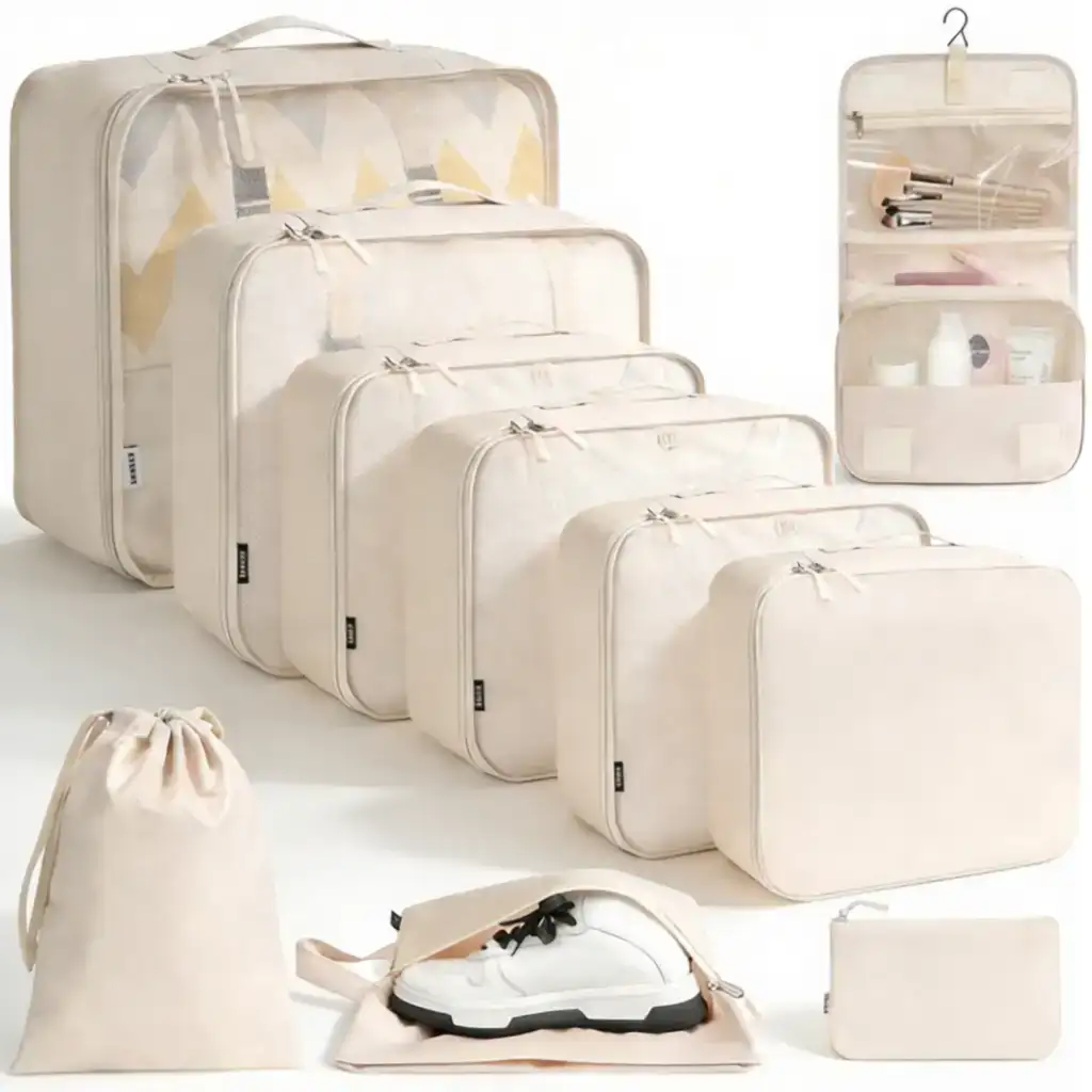 10 set mesh packing cubes in various sizes with laundry bag, makeup bag, and zipper pouch for organized travel.