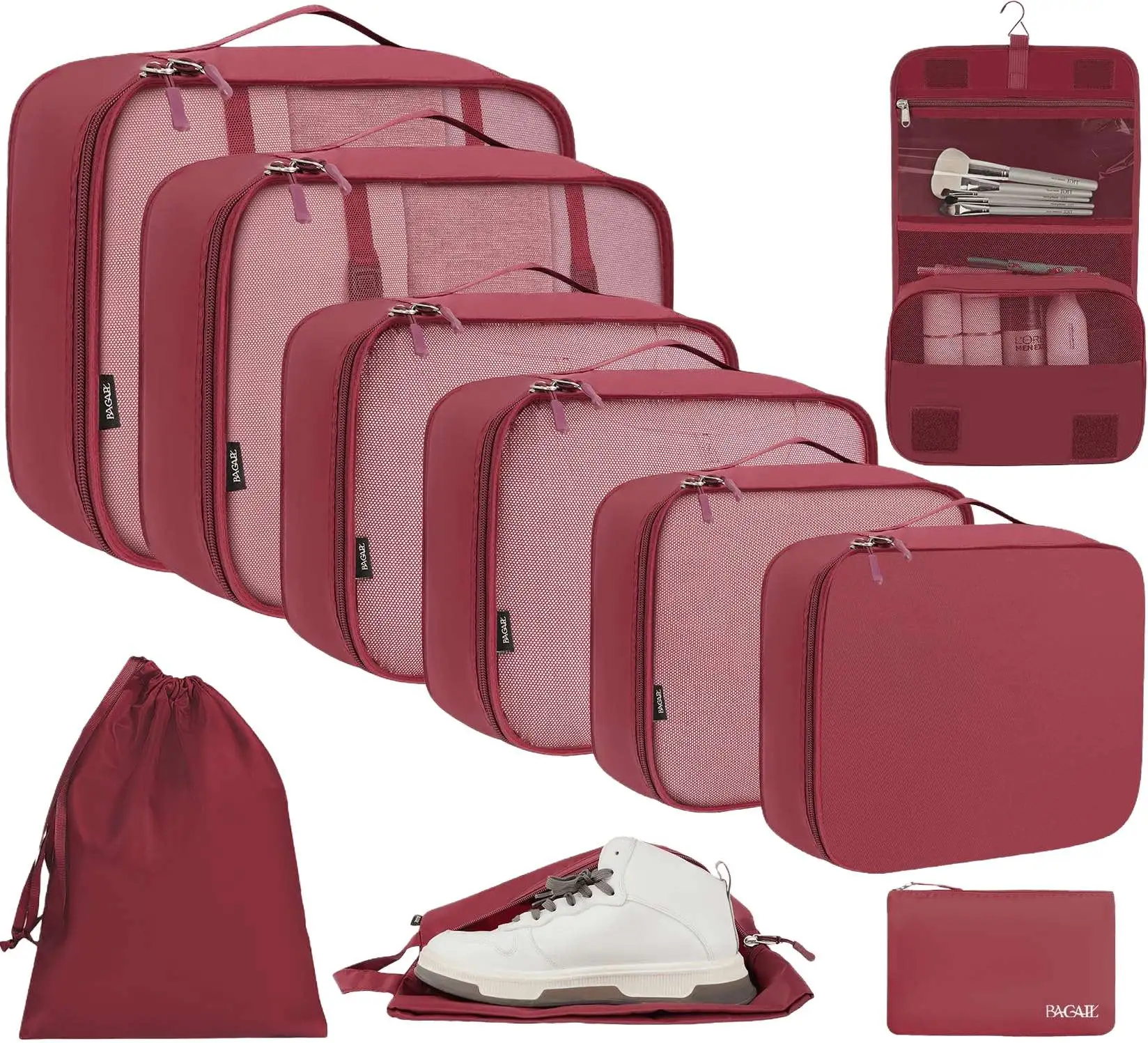 10 mesh packing cubes in various sizes with laundry, makeup bags, and zipper pouch for organized travel.