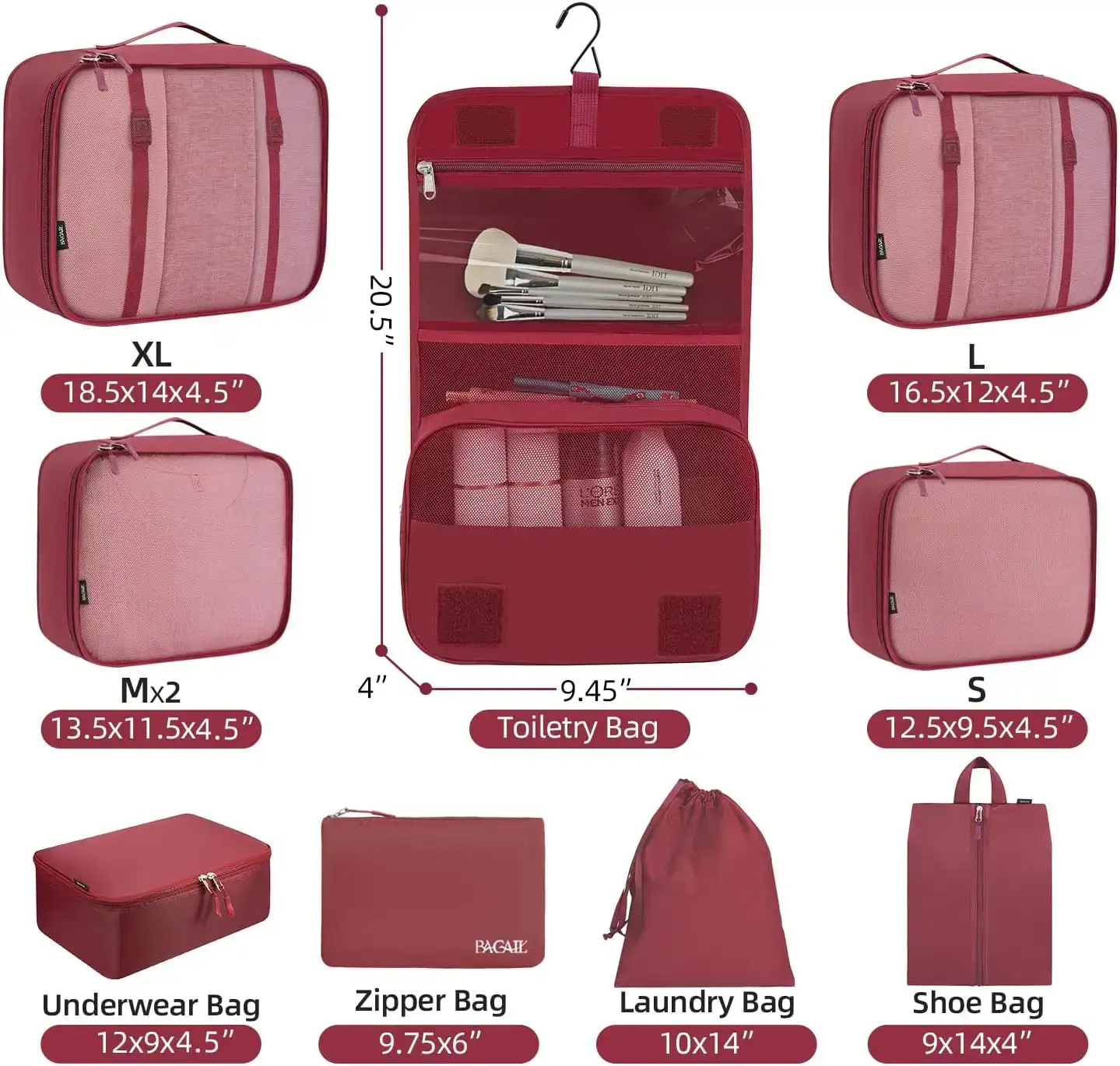 10 set mesh packing cubes in various sizes with laundry bag, makeup bag, and zipper pouch for organized travel.