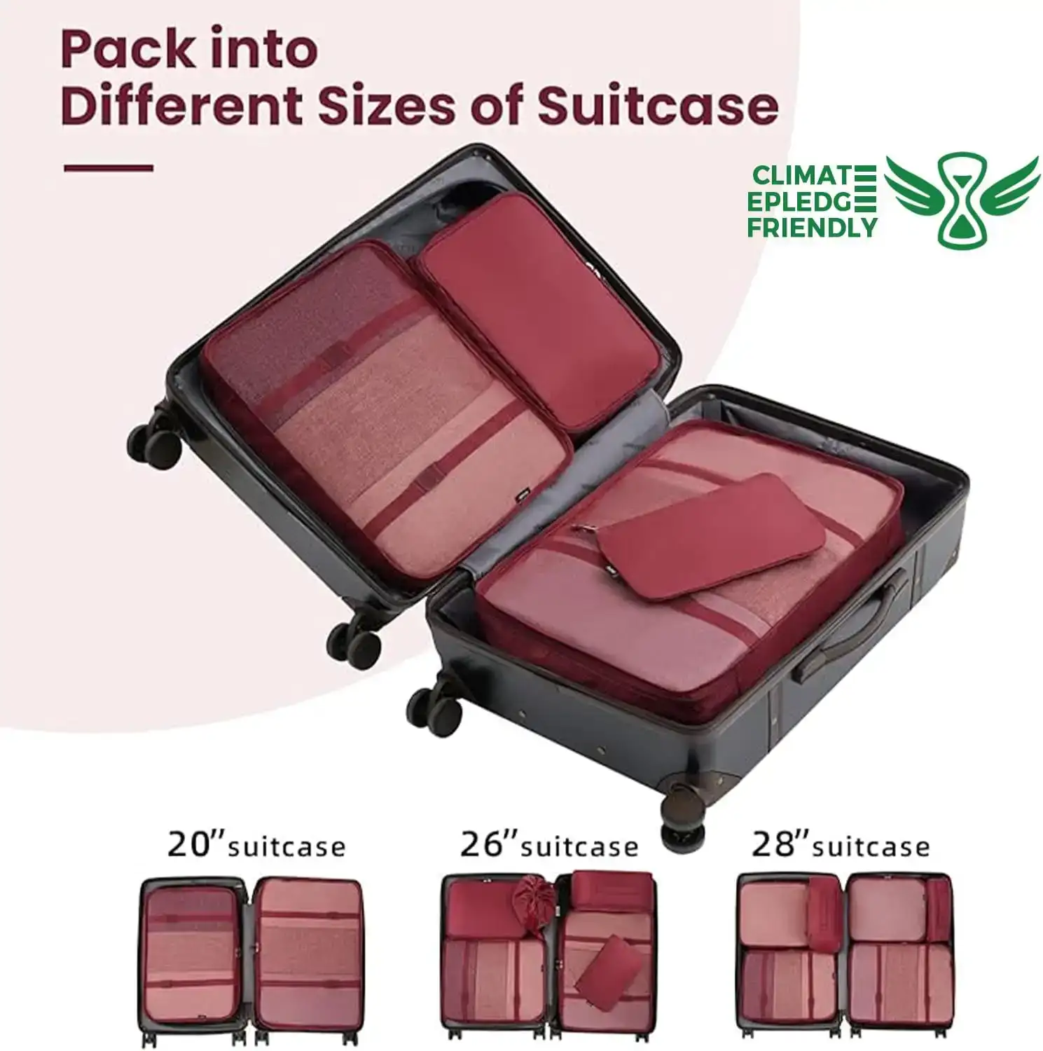 10 set mesh packing cubes in various sizes with laundry bag, makeup bag, and zip pouch for organized travel.