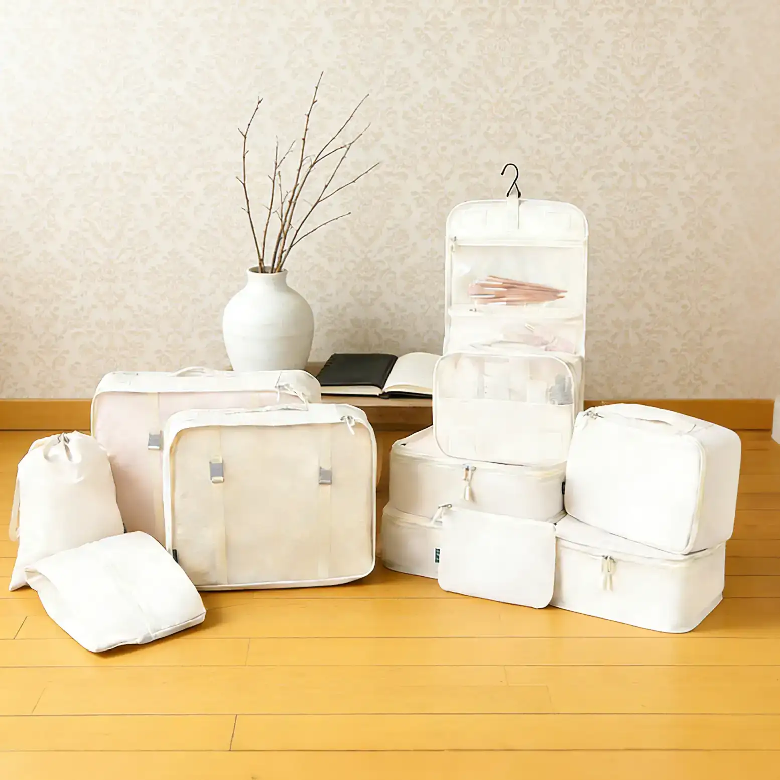 10 set mesh packing cubes in various sizes with laundry bag, makeup bag, and zipper pouch for organized travel.