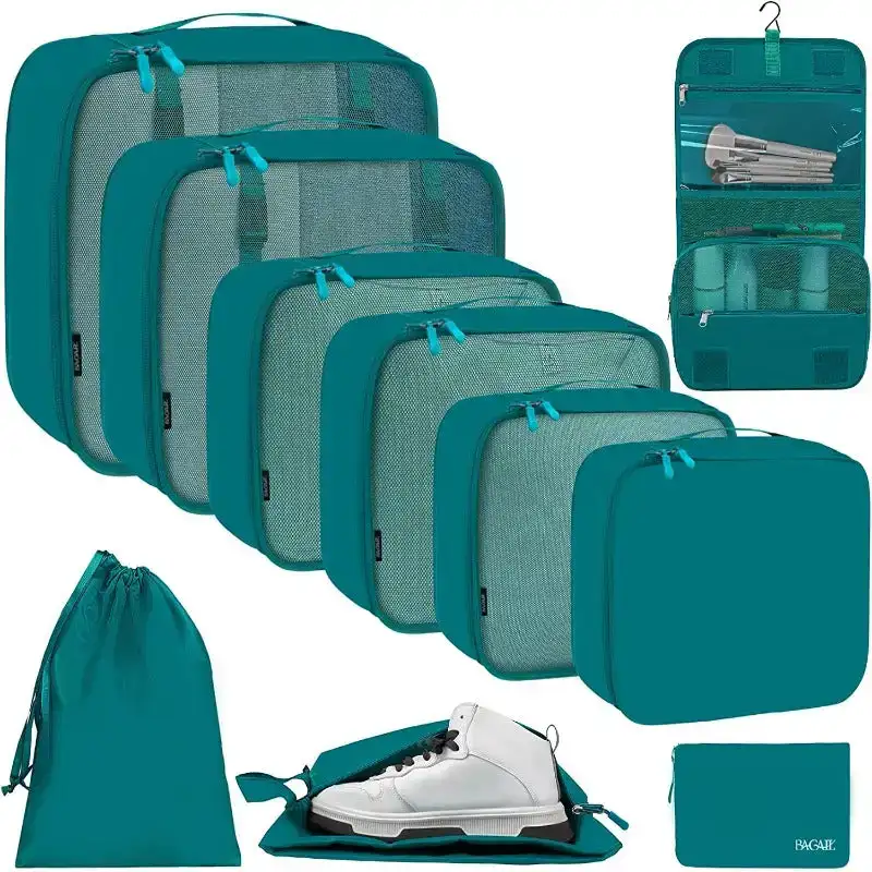 10-piece mesh packing cubes set with laundry bag, makeup bag, and zipper pouch for organized travel storage.