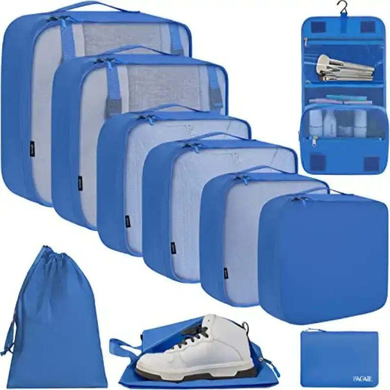 10 mesh packing cubes set in various sizes with laundry bag, makeup bag, and zipper pouch for organized travel.