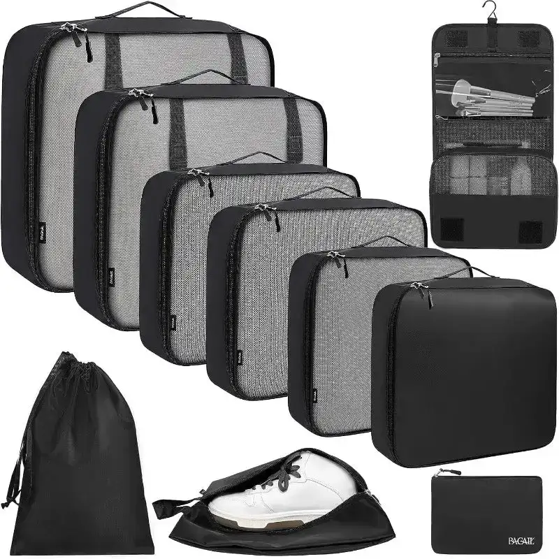 10 set mesh packing cubes in various sizes with laundry bag, makeup bag, and zipper pouch for travel organization.