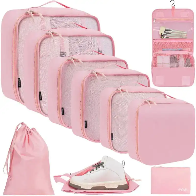 10 set mesh packing cubes in various sizes with laundry bag, makeup bag, and zipper pouch for organized travel.